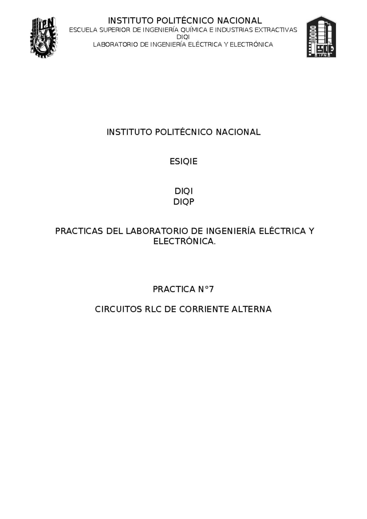 Práctica 7 DIQI-DIQP: Circuitos RLC en Corriente Alterna - Studocu