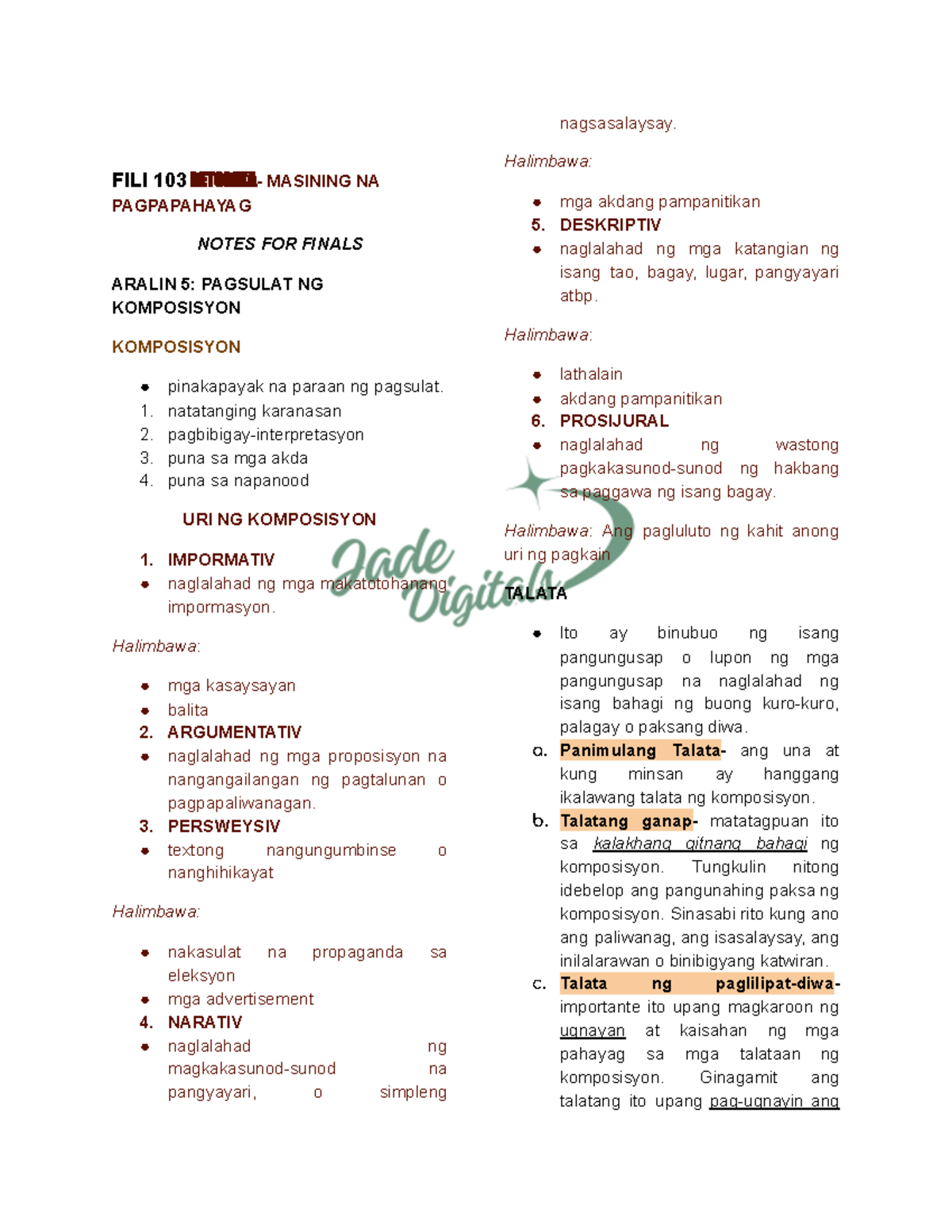 FILI 103 Retorika: Midterms at Finals Notes - Studocu