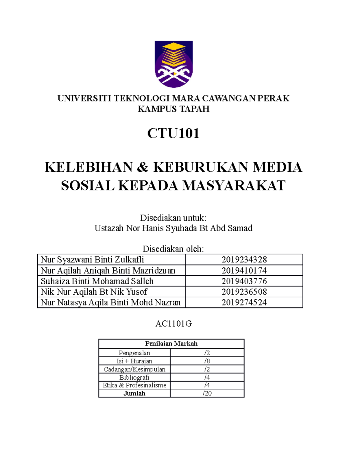 Kertas Kerja CTU101 - UNIVERSITI TEKNOLOGI MARA CAWANGAN PERAK KAMPUS ...