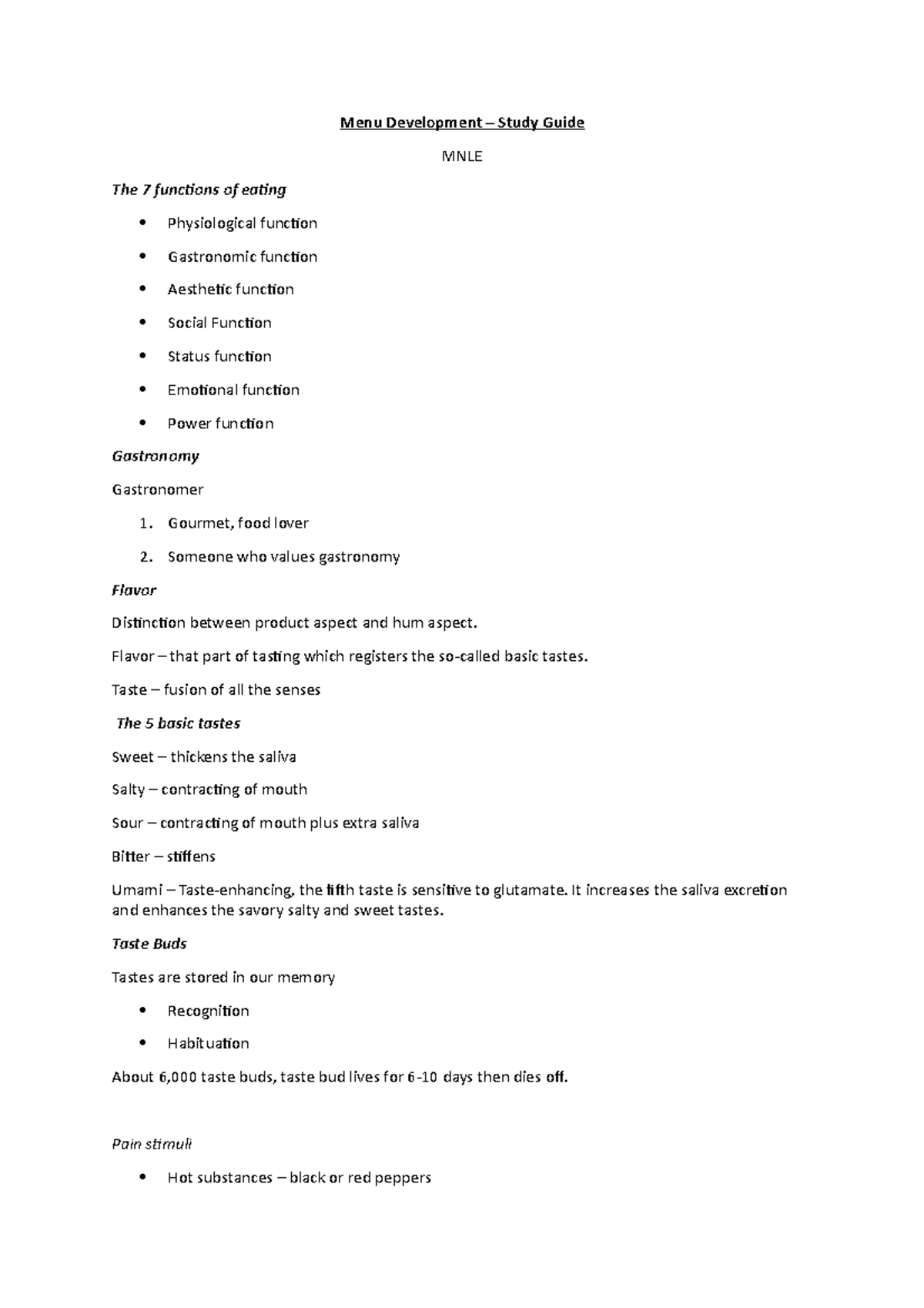 Menu Development Study Guide: Understanding Gastronomy (MNLE) - Studeersnel