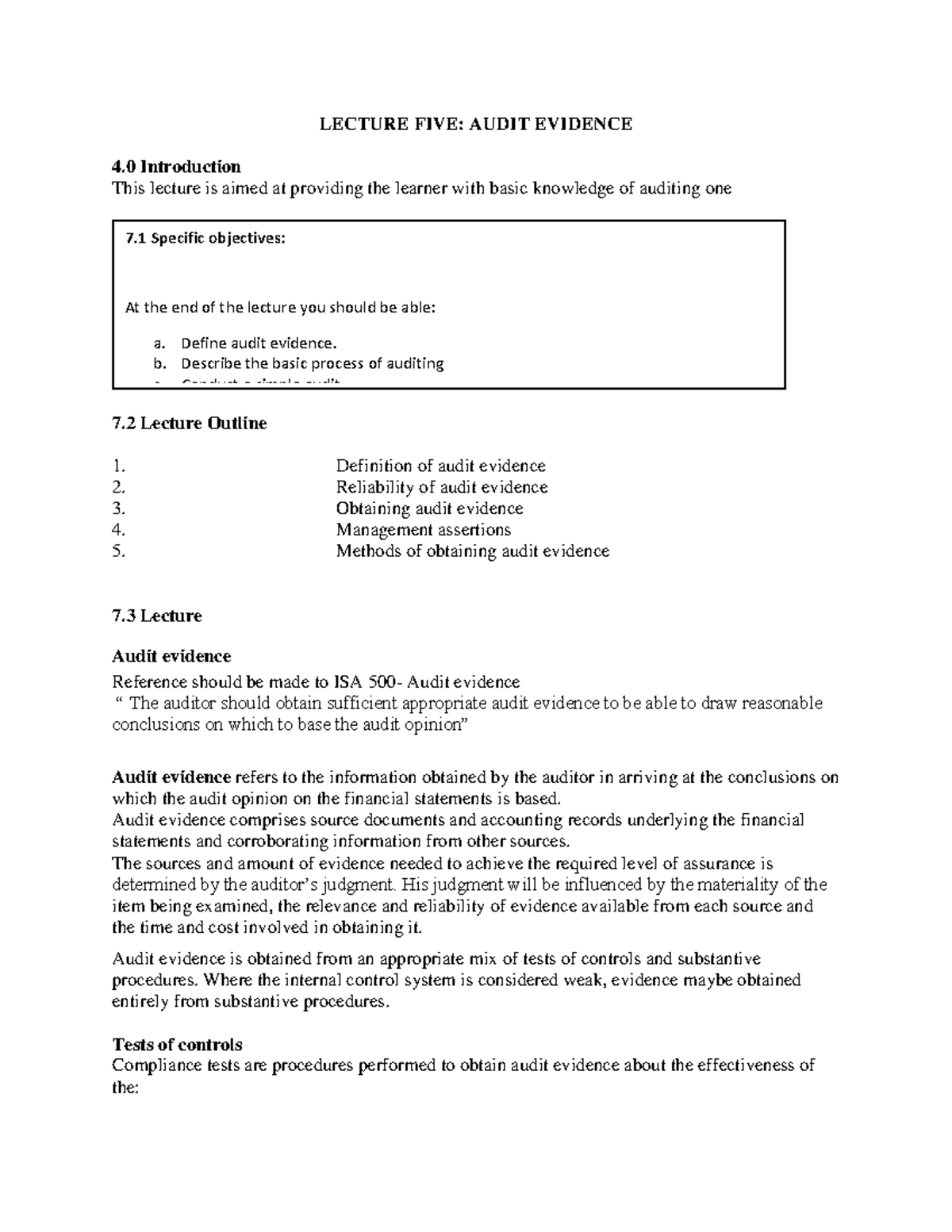 Lecture five: Understanding audit evidence and its significance - Studocu