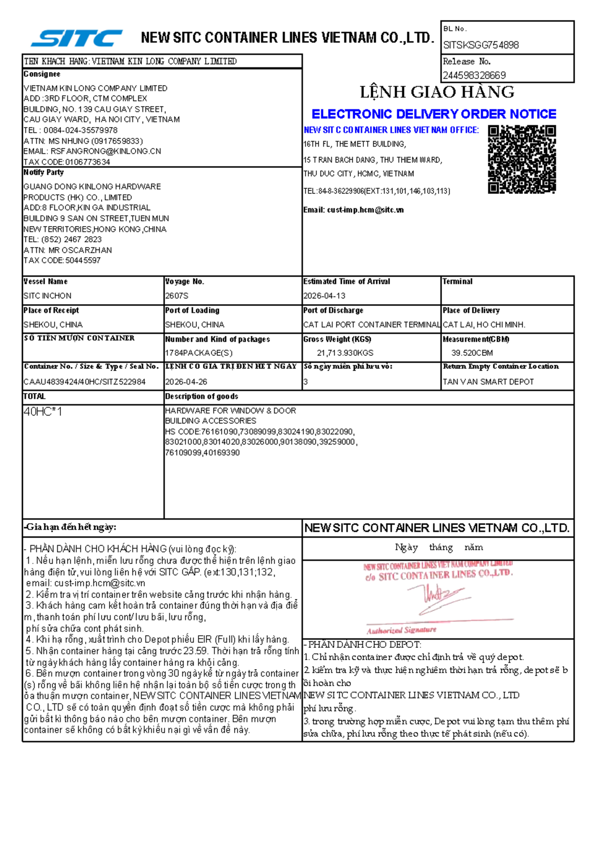 EDO - SITC Container Lines Vietnam - Release No. SITSKSGG754898 - Studocu