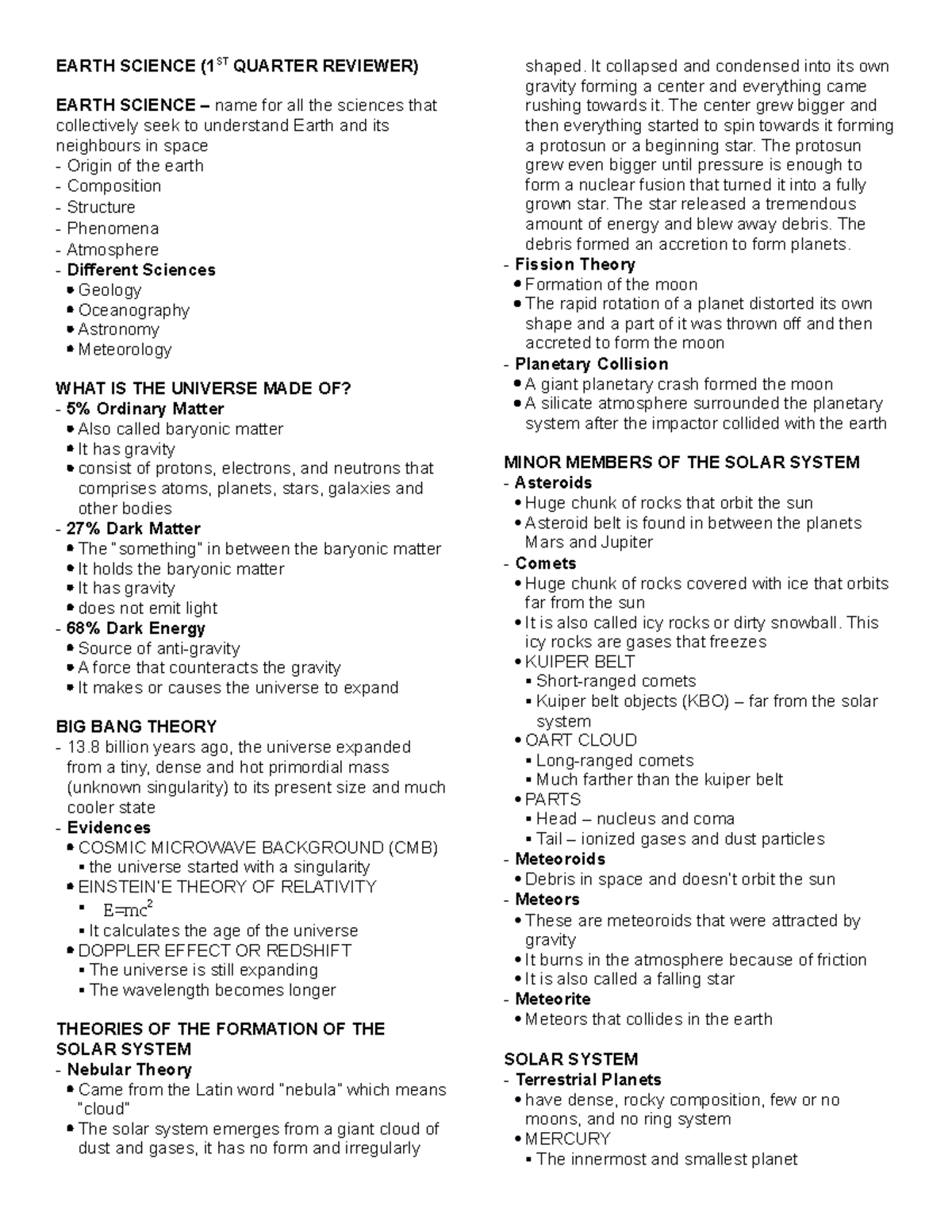 Earth Science Q1 - EARTH SCIENCE (1ST QUARTER REVIEWER) EARTH SCIENCE ...
