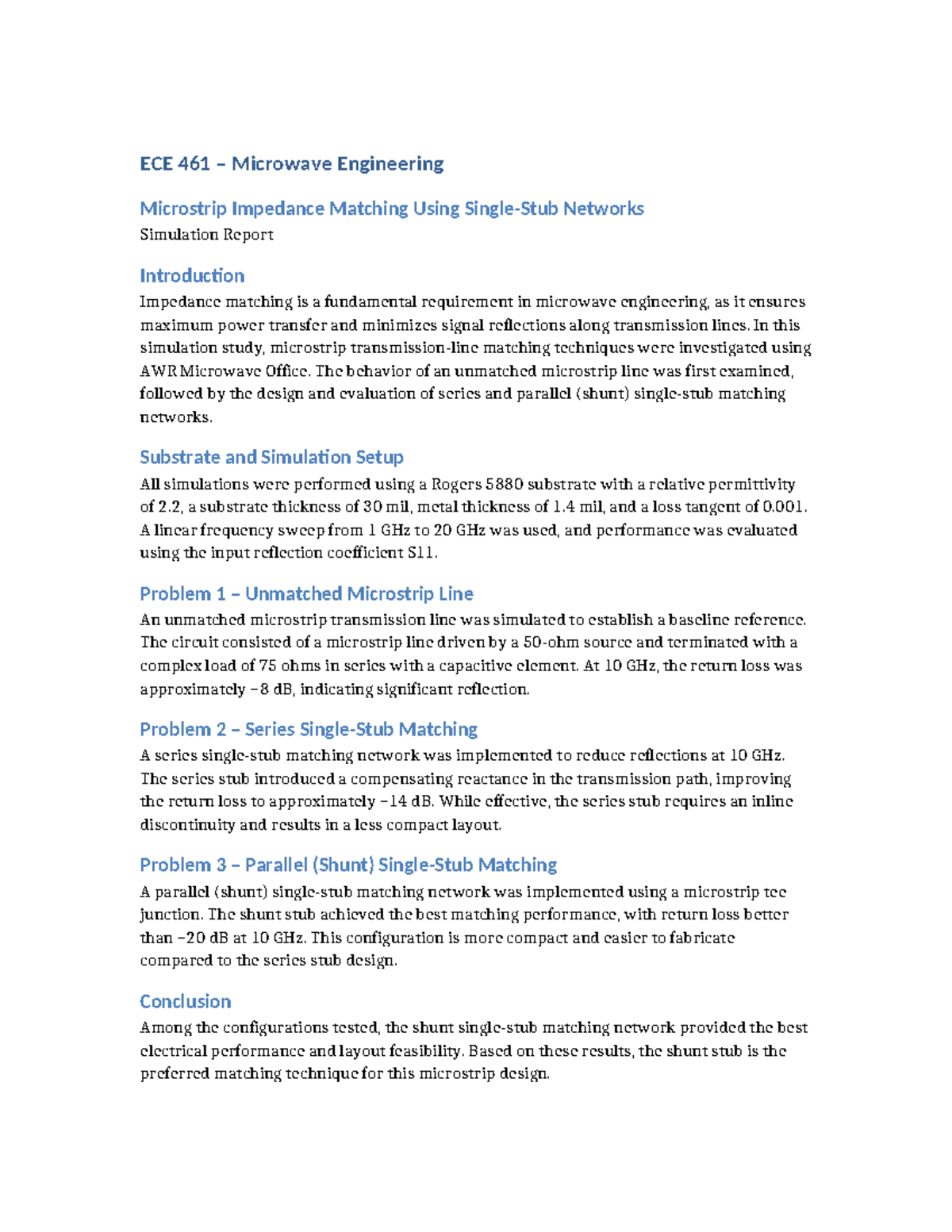 ECE 461 Final Simulation Report on Microstrip Impedance Matching - Studocu