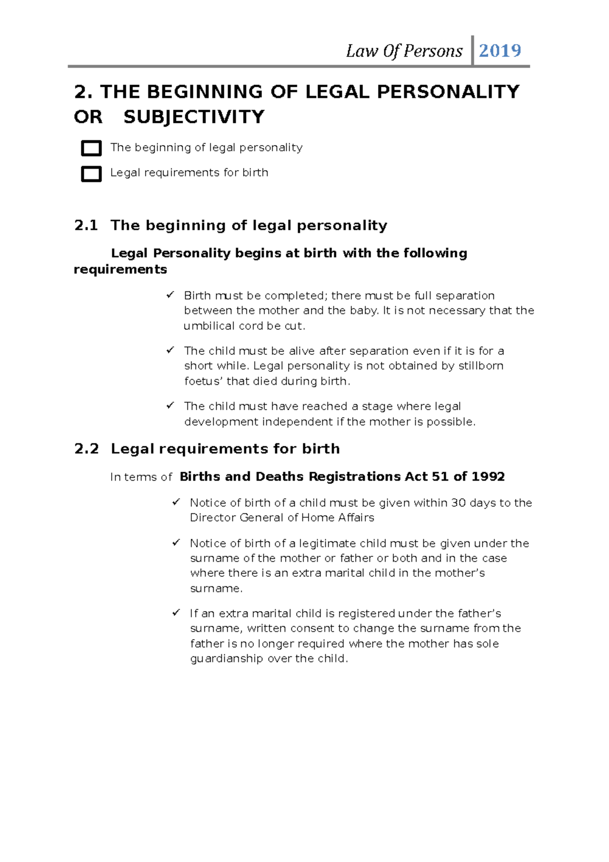 Law of Persons 2019: The Beginning of Legal Personality Explained - Studocu