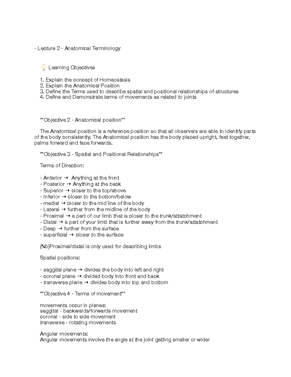 Spatial and Positional Anatomical terminology - Lecture 2 - Anatomical ...