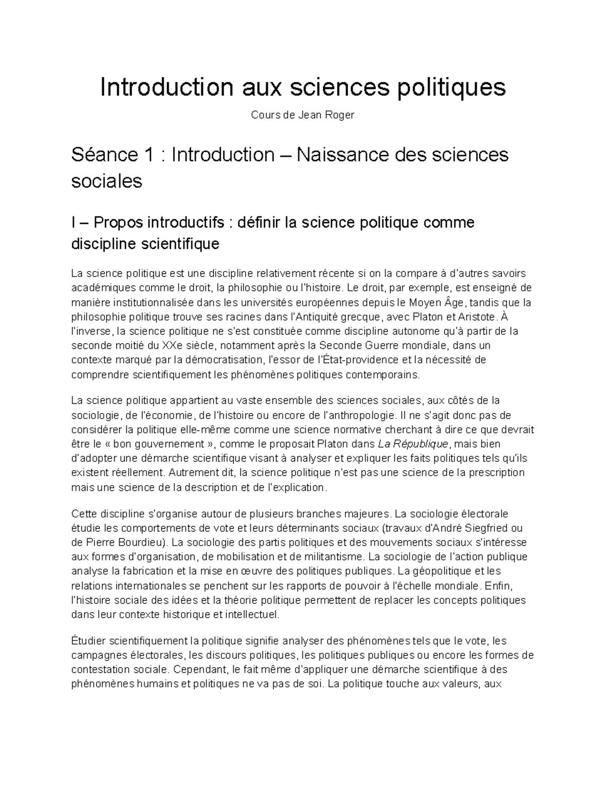 Introduction aux Sciences Politiques - Cours de Jean Roger, Séance 1 ...