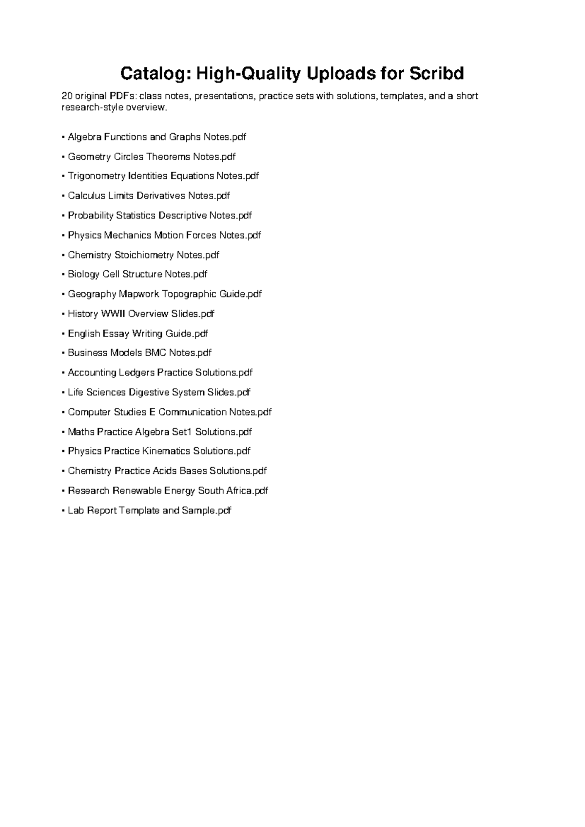 Catalog of Study Materials: Class Notes & Practice Sets - Studocu