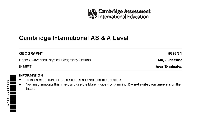 Cambridge International AS A Level Geography 9696/31 Paper 3 Past Exam ...