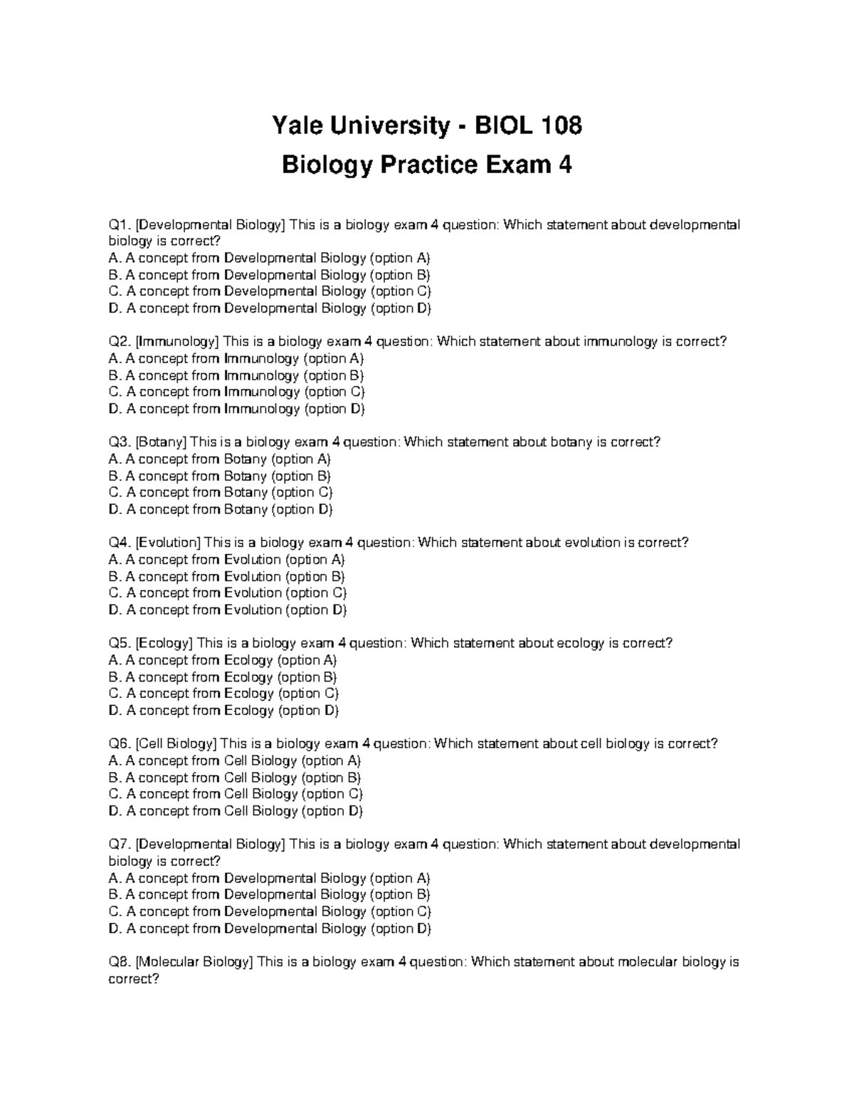 Yale University BIOL 108 Biology Exam 4 - MCQ Practice Questions - Studocu