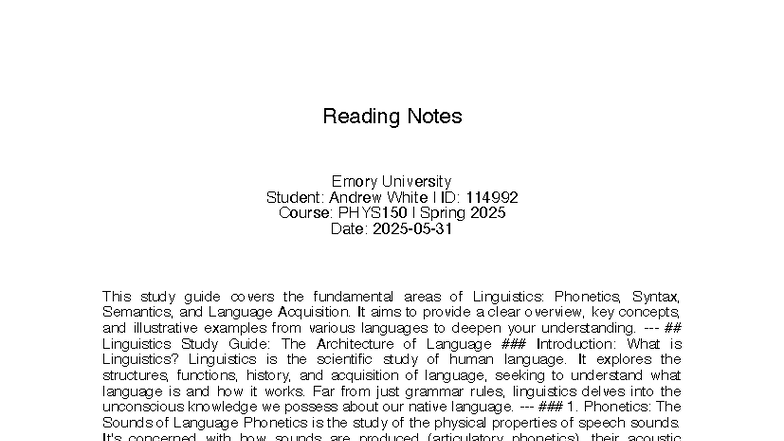 PHYS150 Spring 2025: Linguistics Study Guide & Key Concepts - Studocu