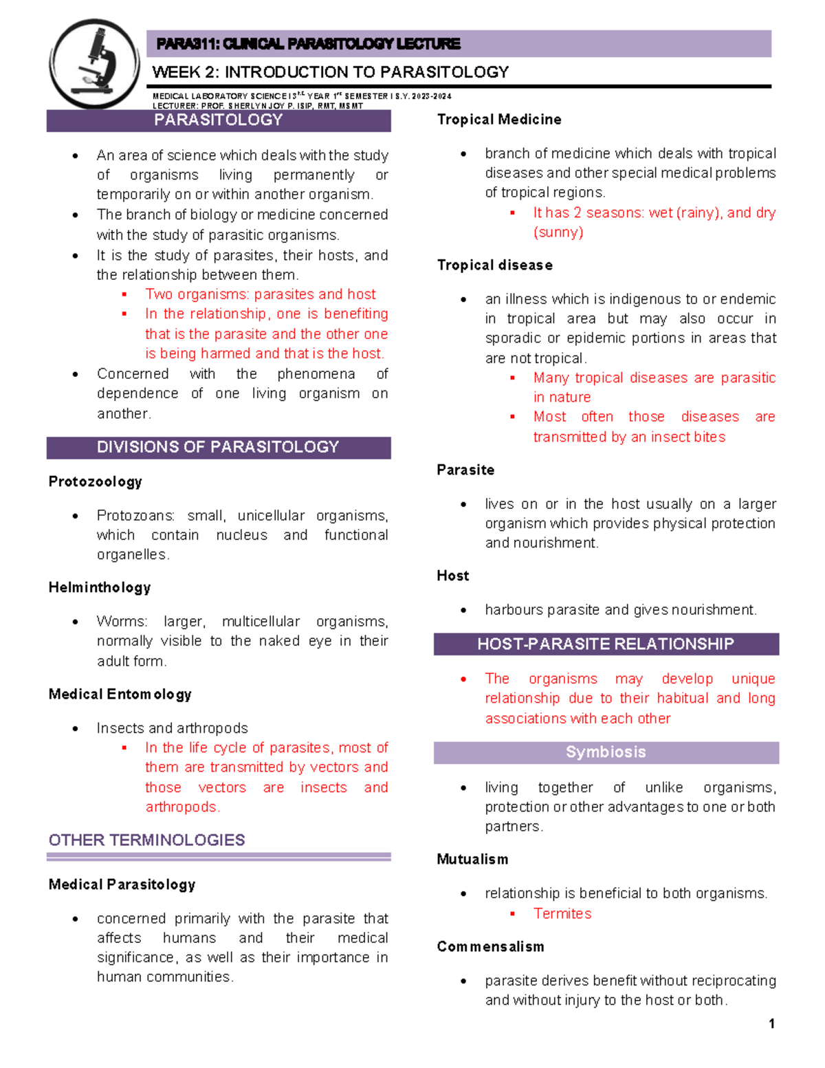WEEK 2: INTRODUCTION TO PARASITOLOGY - MEDICAL LAB SCIENCE I 3RD YEAR ...
