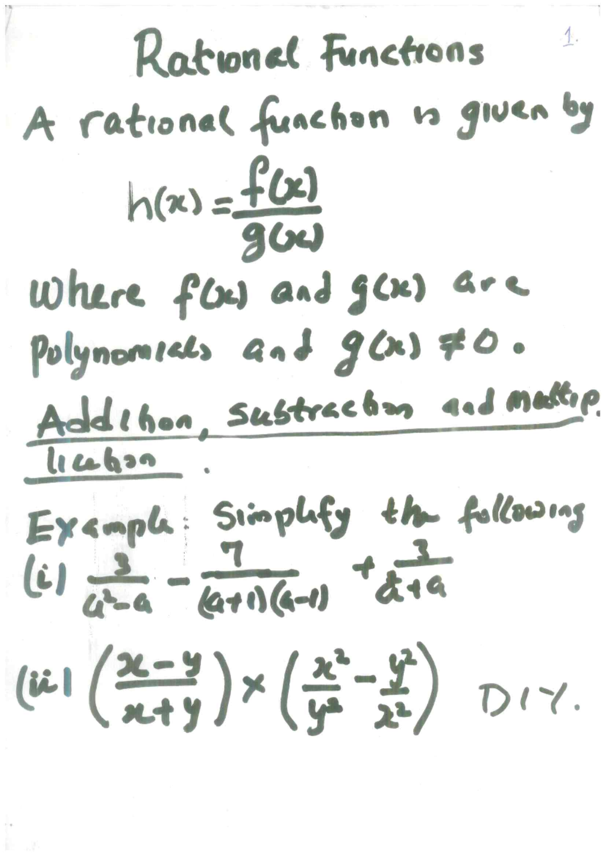MAT L5 - algebra 1 for 100 level students - Rational Functions 1. A ...