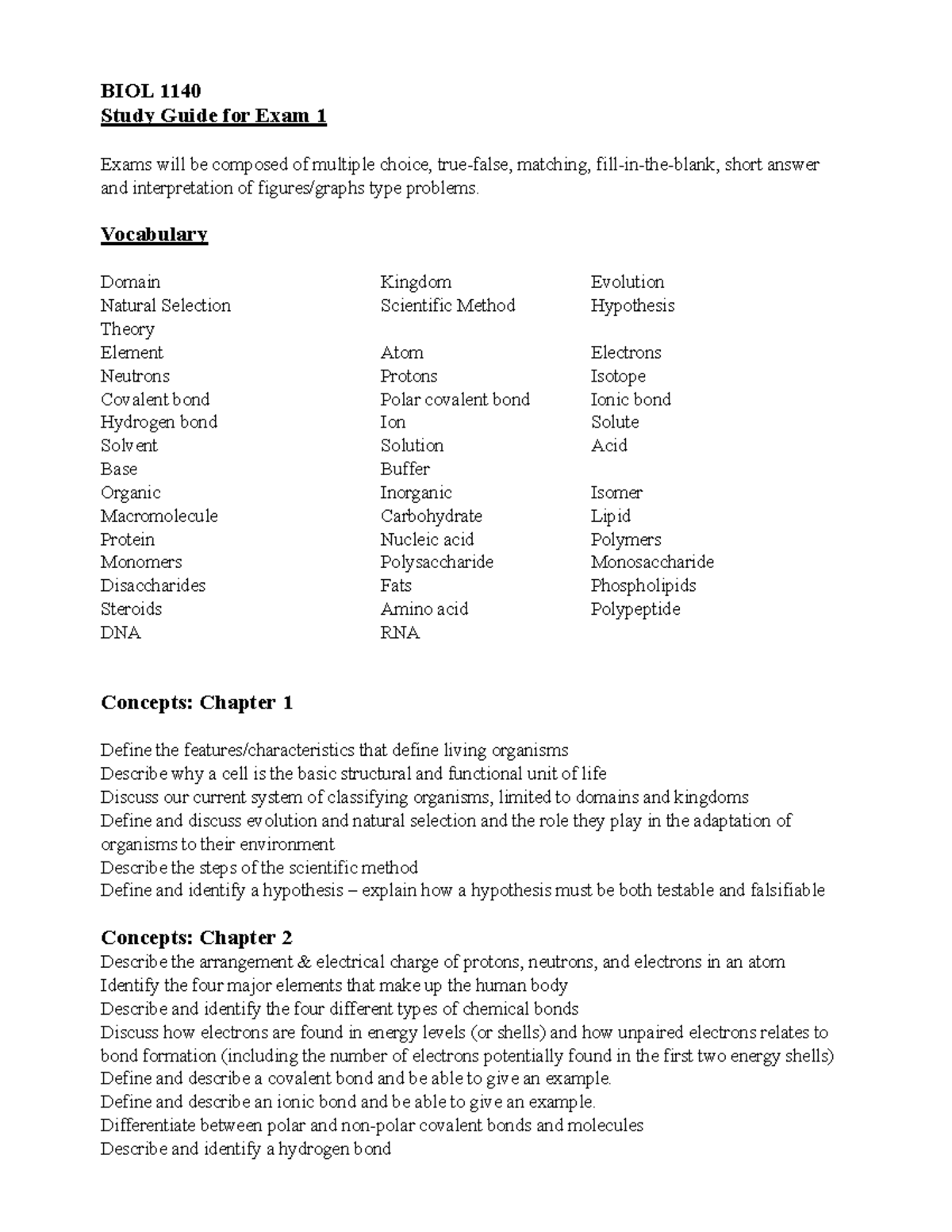 BIOL 1140 Exam 1 Study Guide: Key Concepts & Vocabulary - Studocu