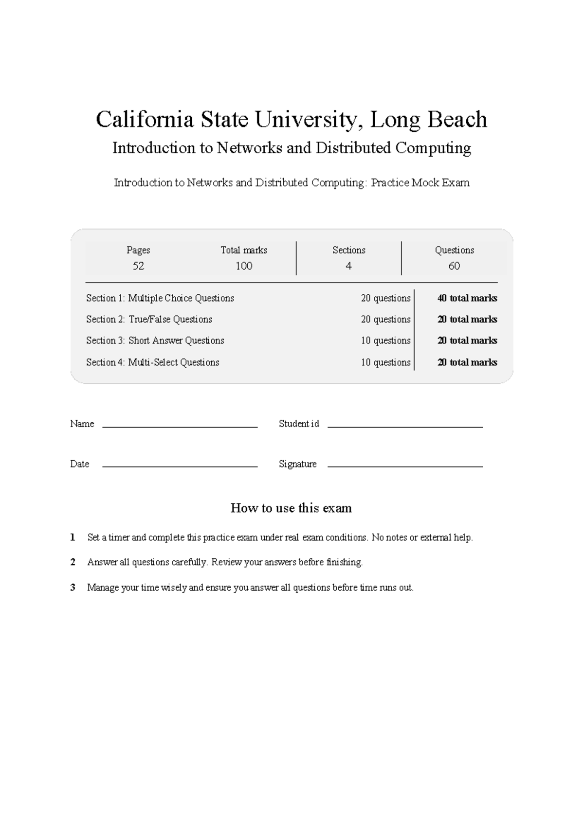 CECS 327H Practice Mock Exam: Introduction to Networks & Distributed ...