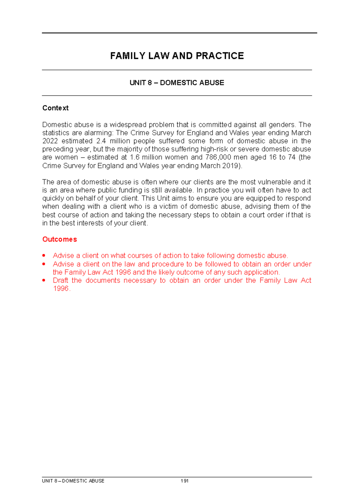FLP - UNIT 8 - Understanding Domestic Abuse in Family Law - Studocu