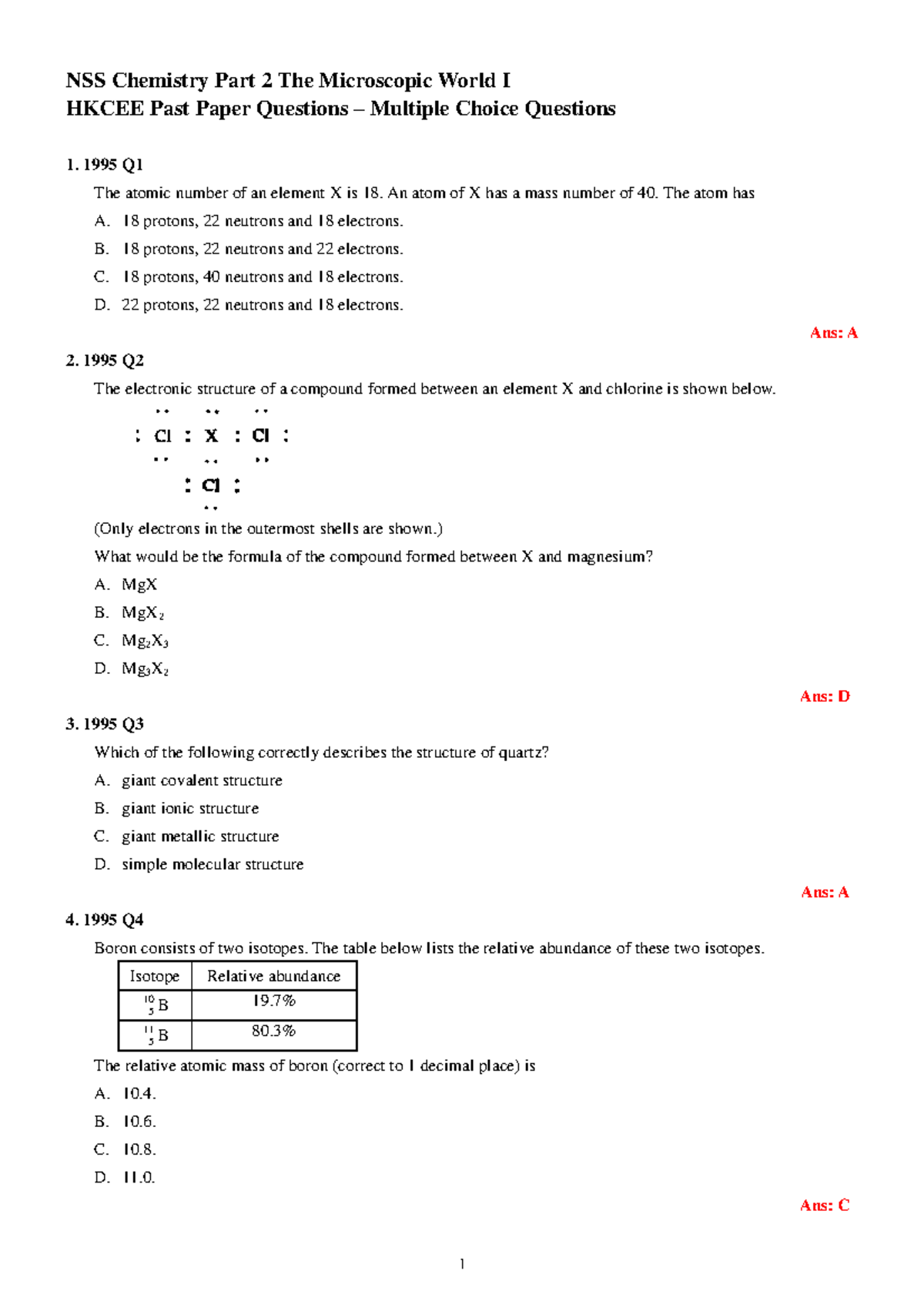 NSS Chemistry Part 2: Microscopic World I MC Questions and Answers ...