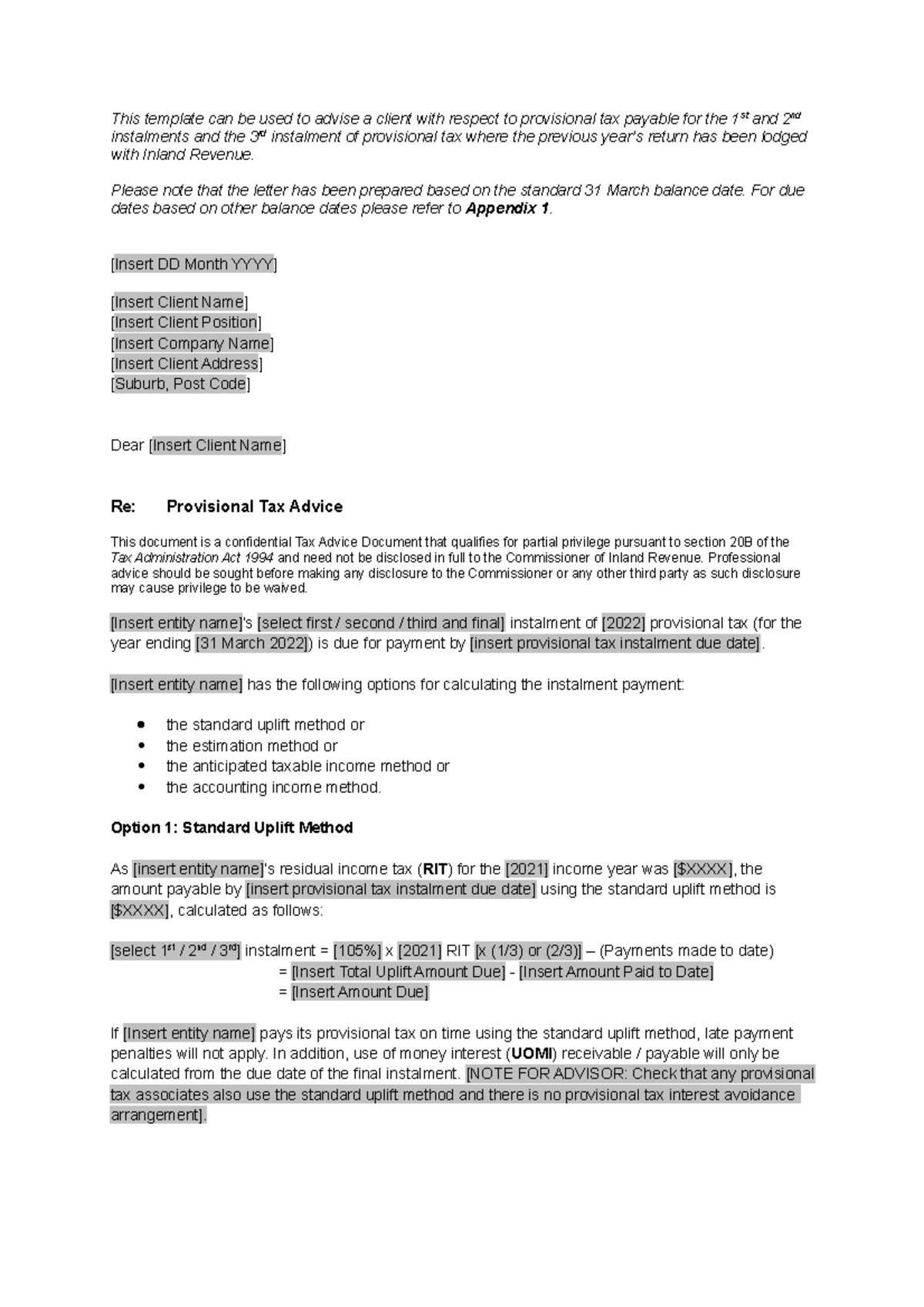 Provisional Tax Advice Template for Clients - NZ Tax Letters - Studocu