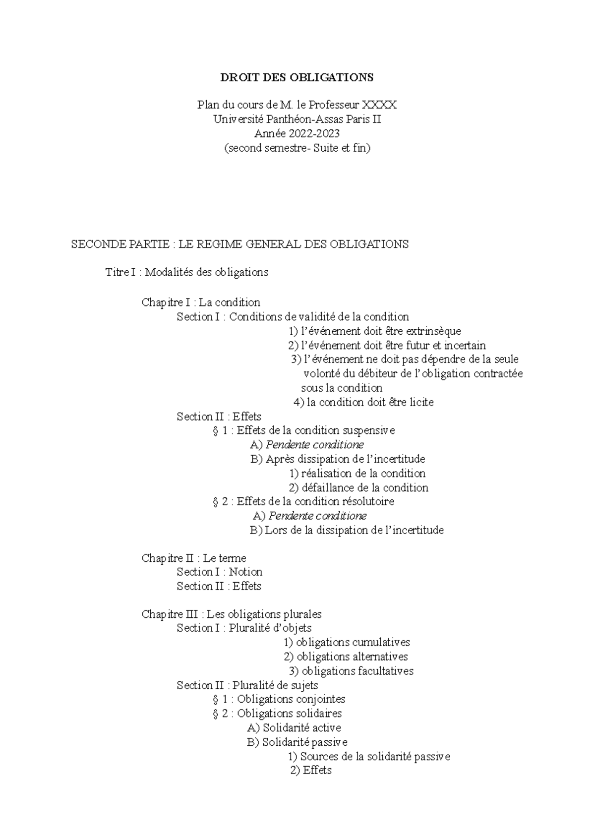 Droit des Obligations - L2 - Plan de Cours Sem. 2 - 2023 - Studocu