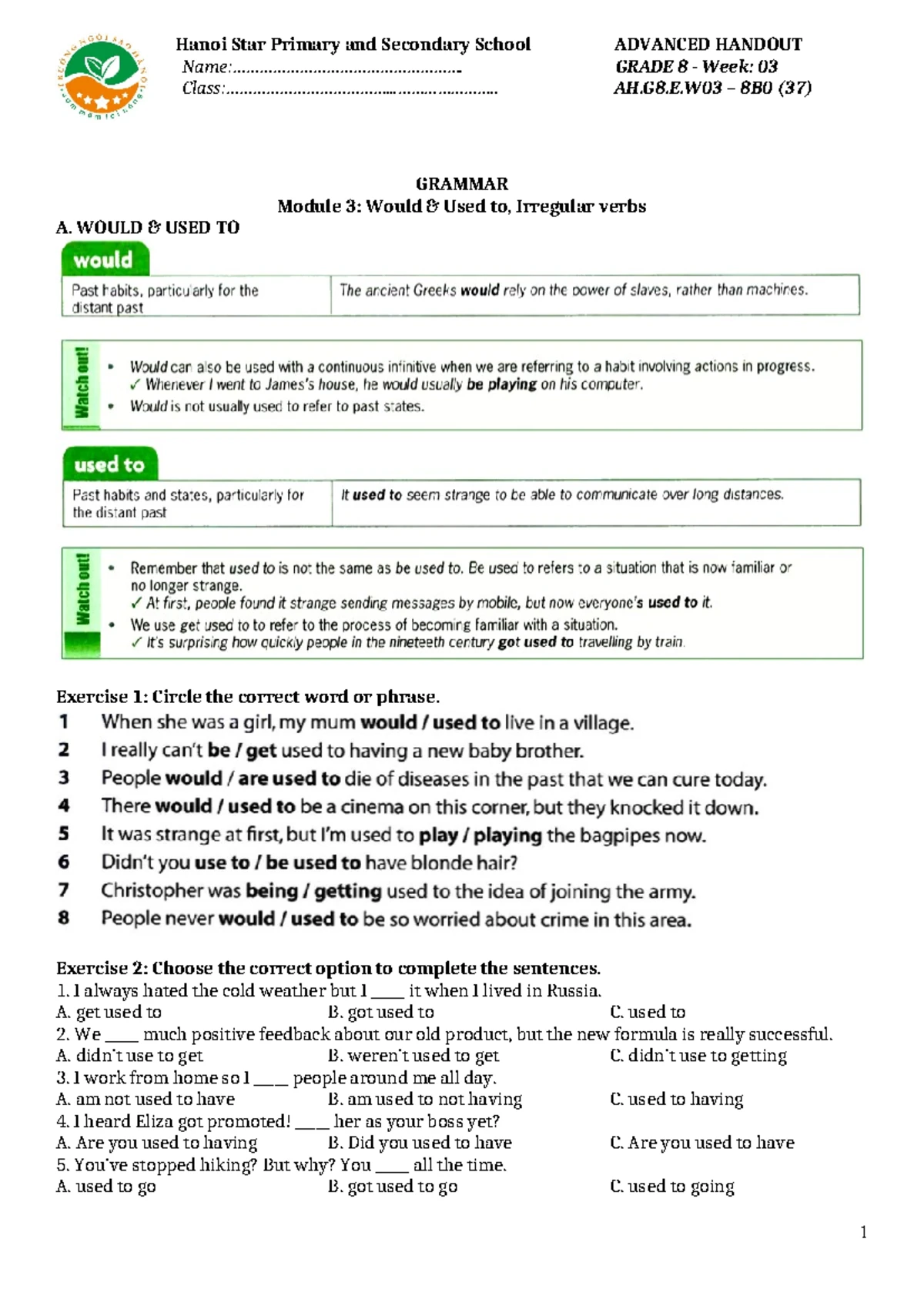 PBT C8 - Week 1 Advanced Handout: Grammar & Reading Focus - Studocu