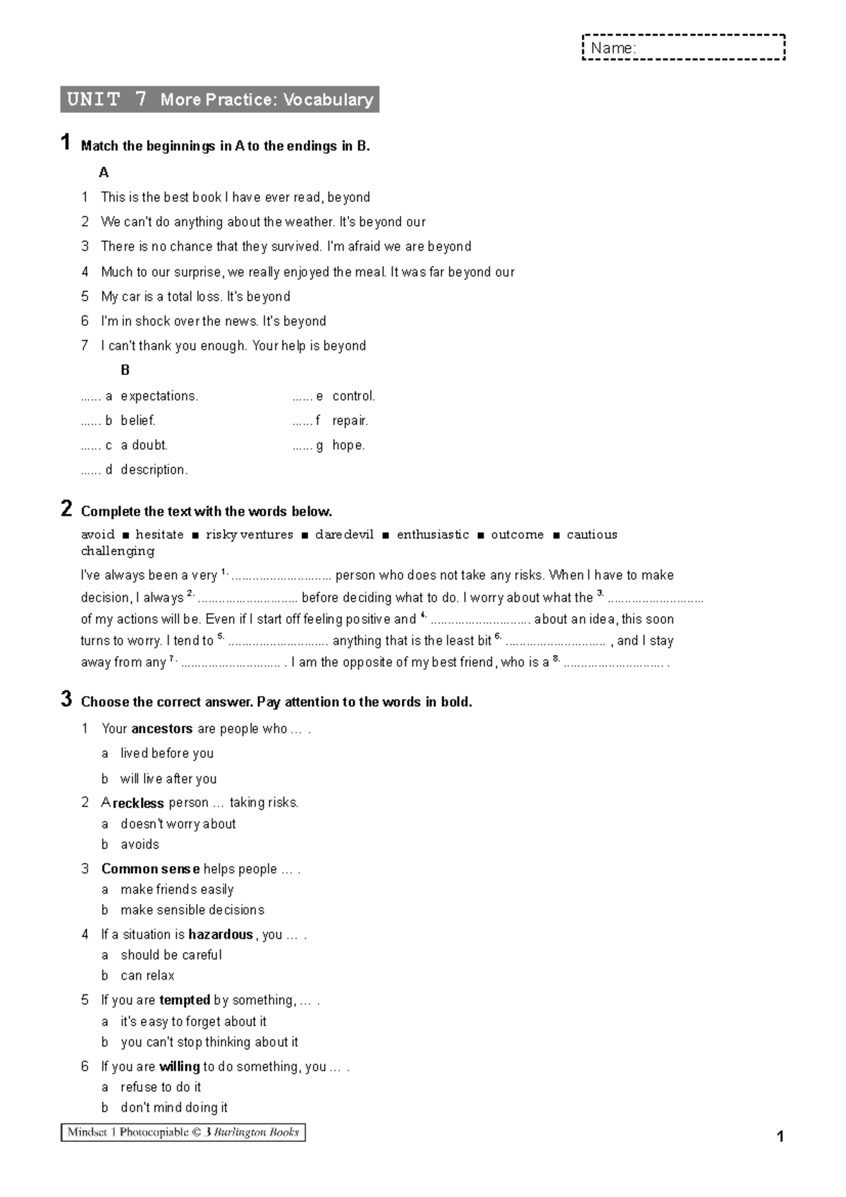 Vocab Gram Practice Unit 7 - UNIT 7 More Practice: Vocabulary 1 Match ...
