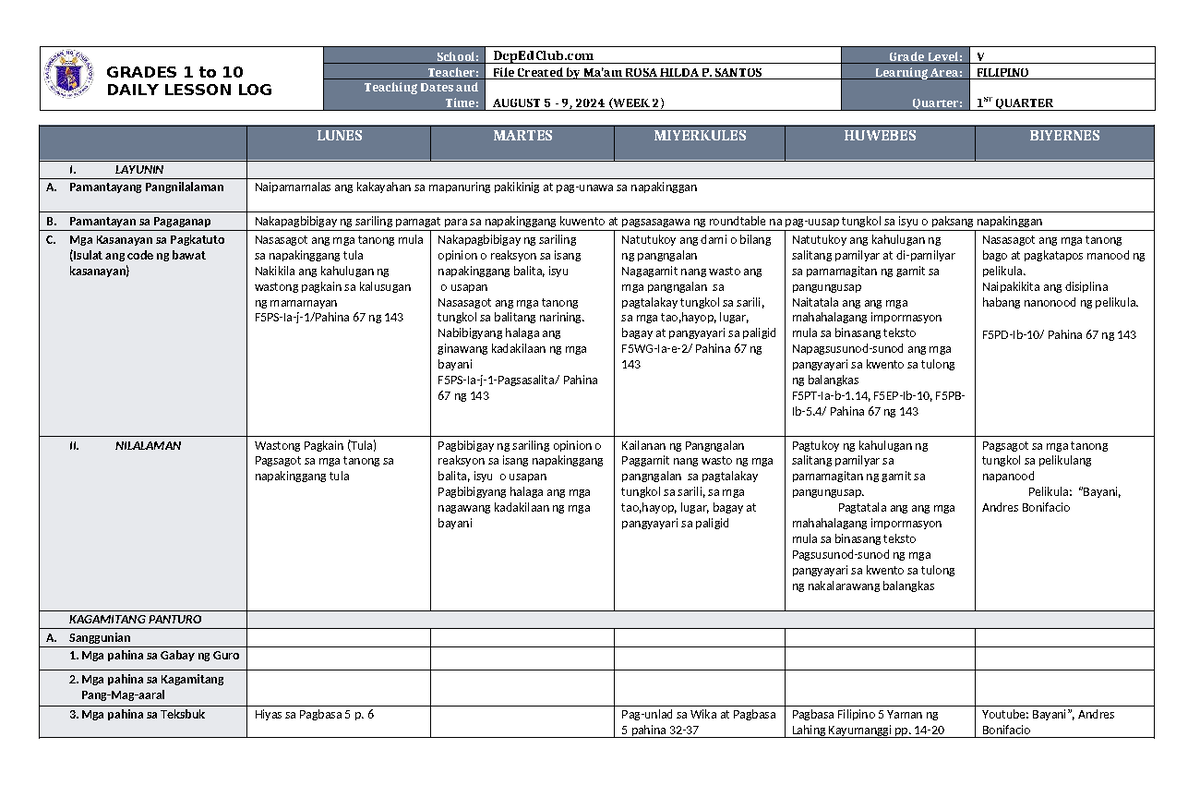 DLL Filipino 5 Q1 W2 - Daily Lesson Log - GRADES 1 to 10 DAILY LESSON ...