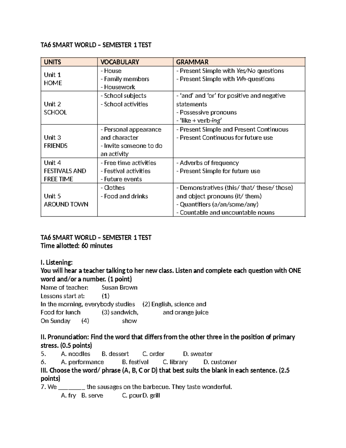 TA6 SMART WORLD – SEMESTER 1 TEST REVIEW AND PRACTICE - Studocu
