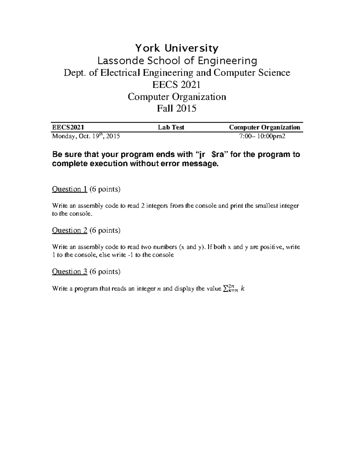 EECS 2021 Fall 2015 Lab Test: Computer Organization Assembly Code - Studocu