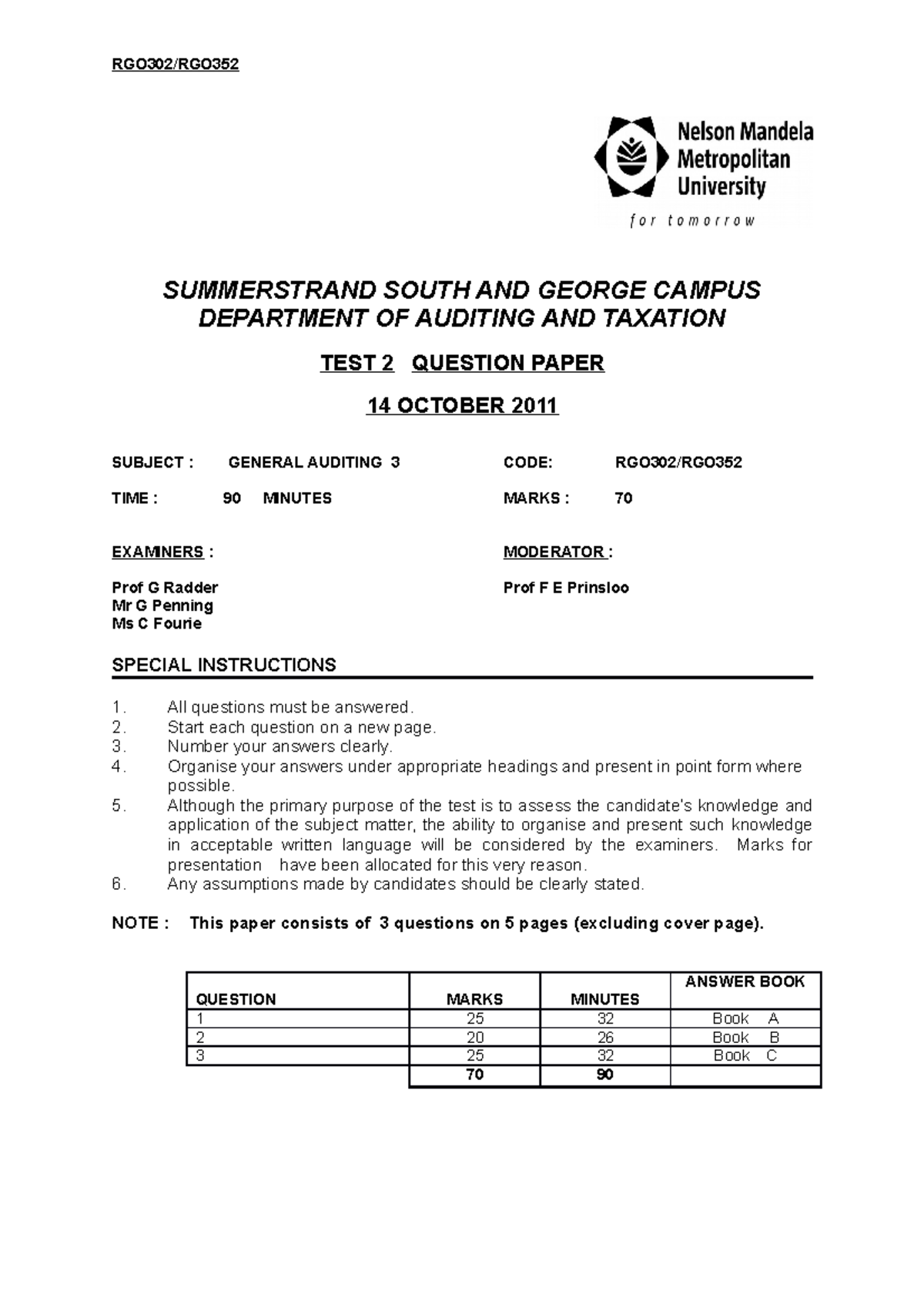 RGO302 General Auditing Test 2 - 14 October 2011 Question Paper - Studocu