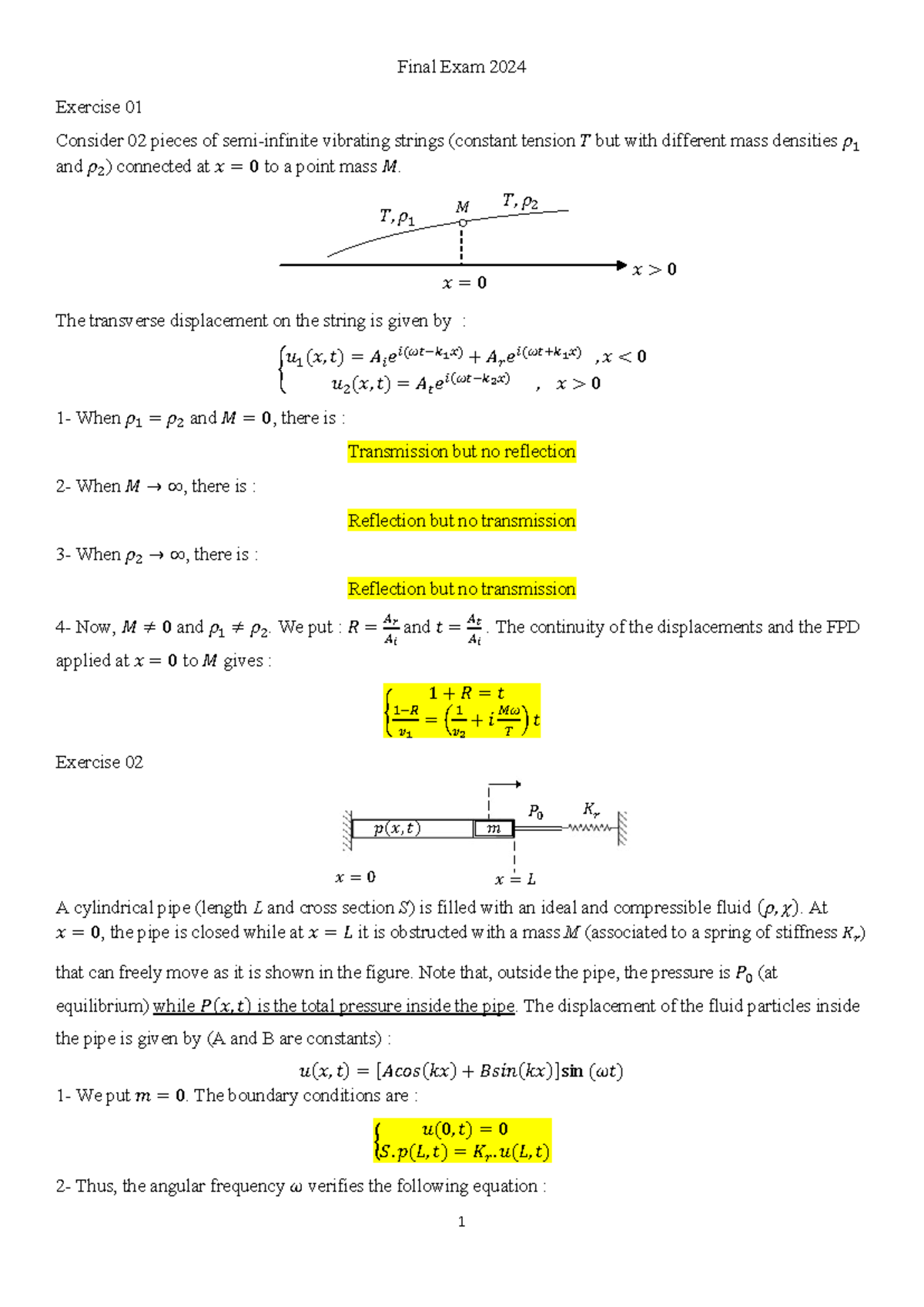 Final Exam 2024: Vibrating Strings and Fluid Dynamics Exercises - Studocu