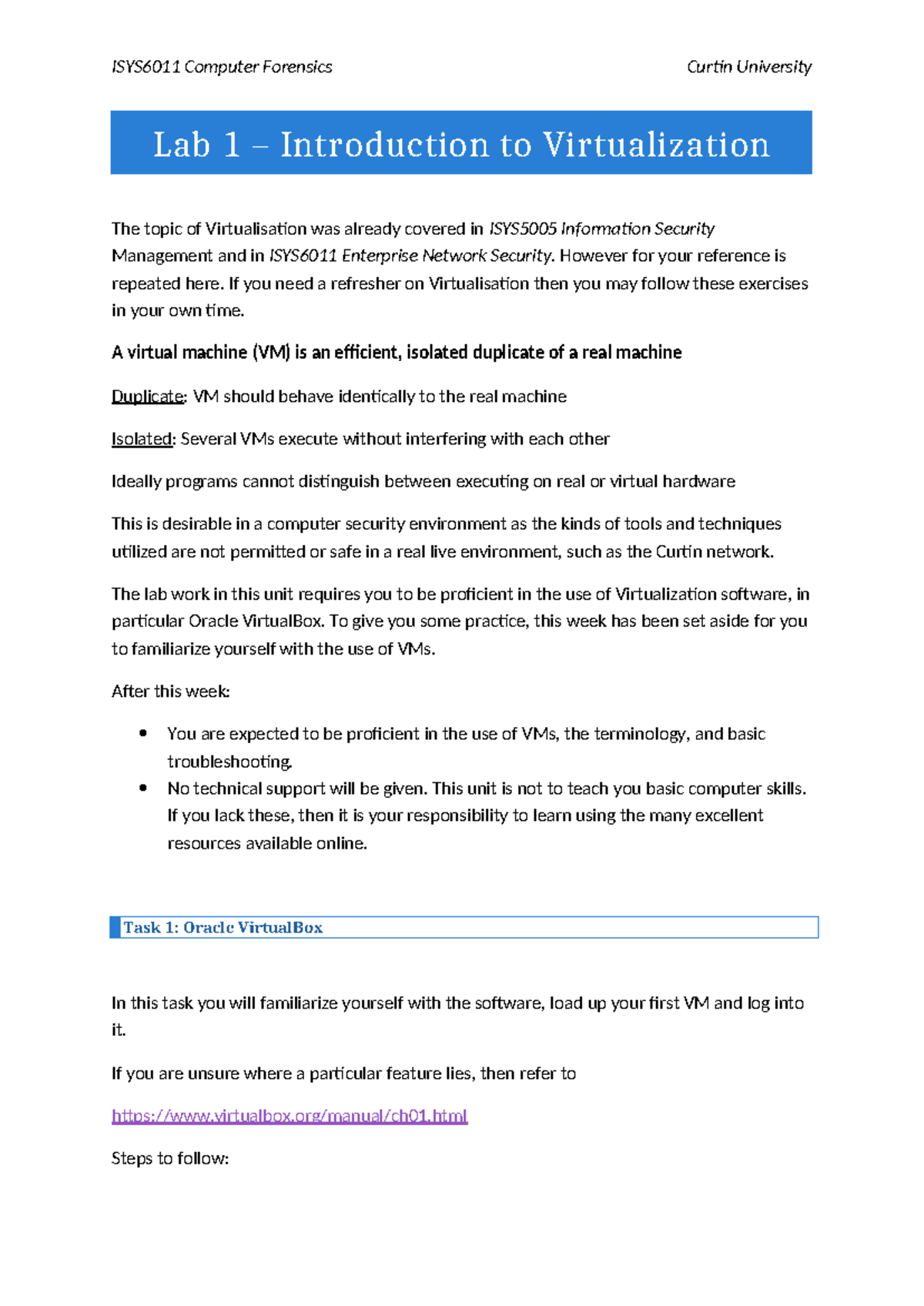 ISYS6011 Computer Forensics Lab 1: Introduction to Virtualization ...