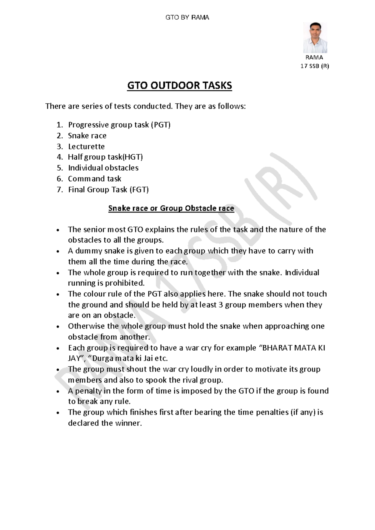 GTO RAMA RAMA 17 SSB (R) Outdoor Tasks Overview and Guidelines - Studocu