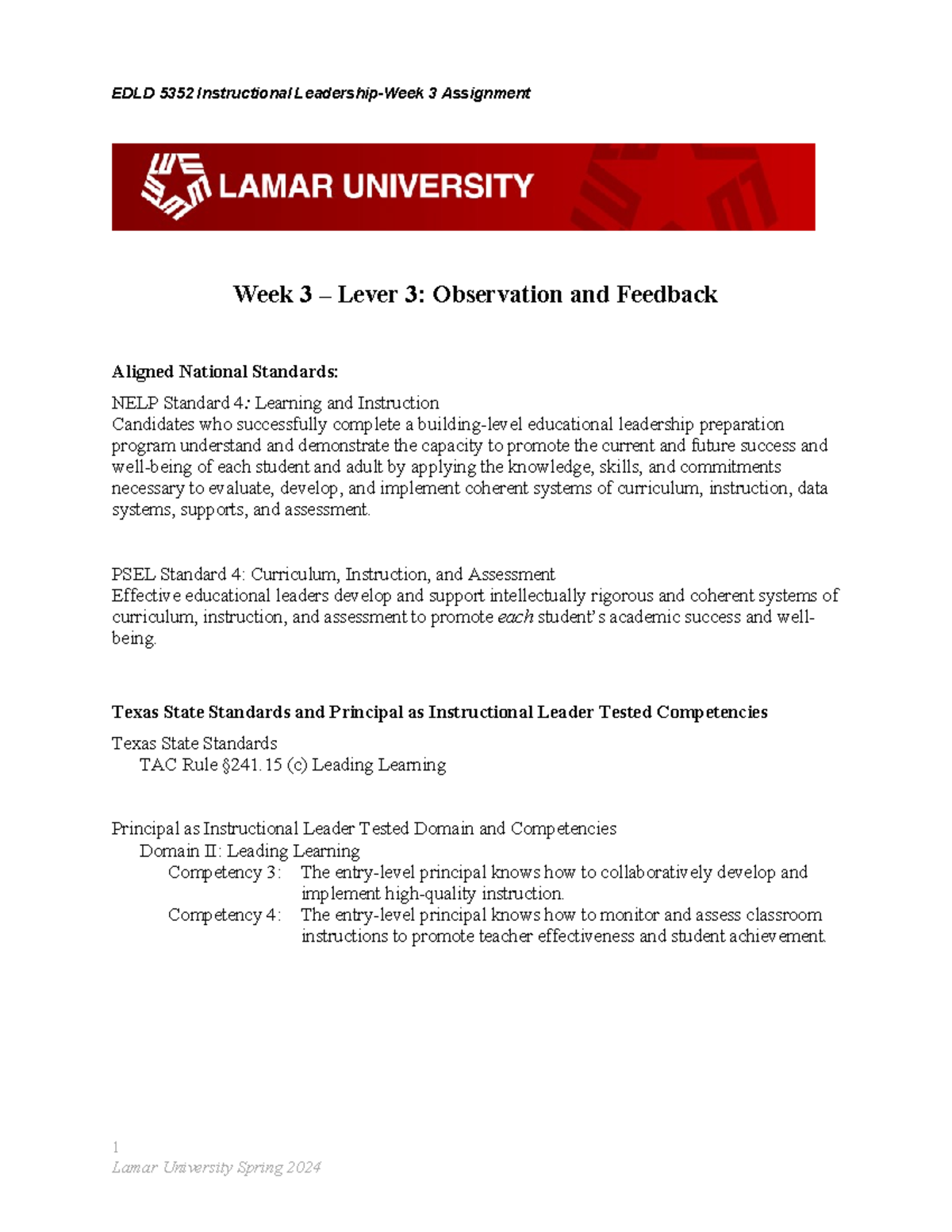 EDLD 5352 Week 3 Observation & Feedback Assignment Guide - Studocu