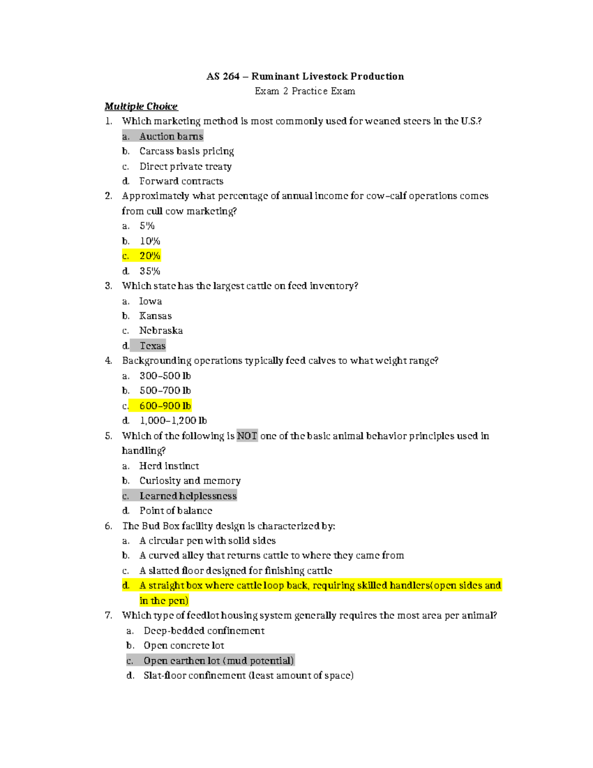 AS 264 Ruminant Livestock Production Exam 2 Practice Questions - Studocu