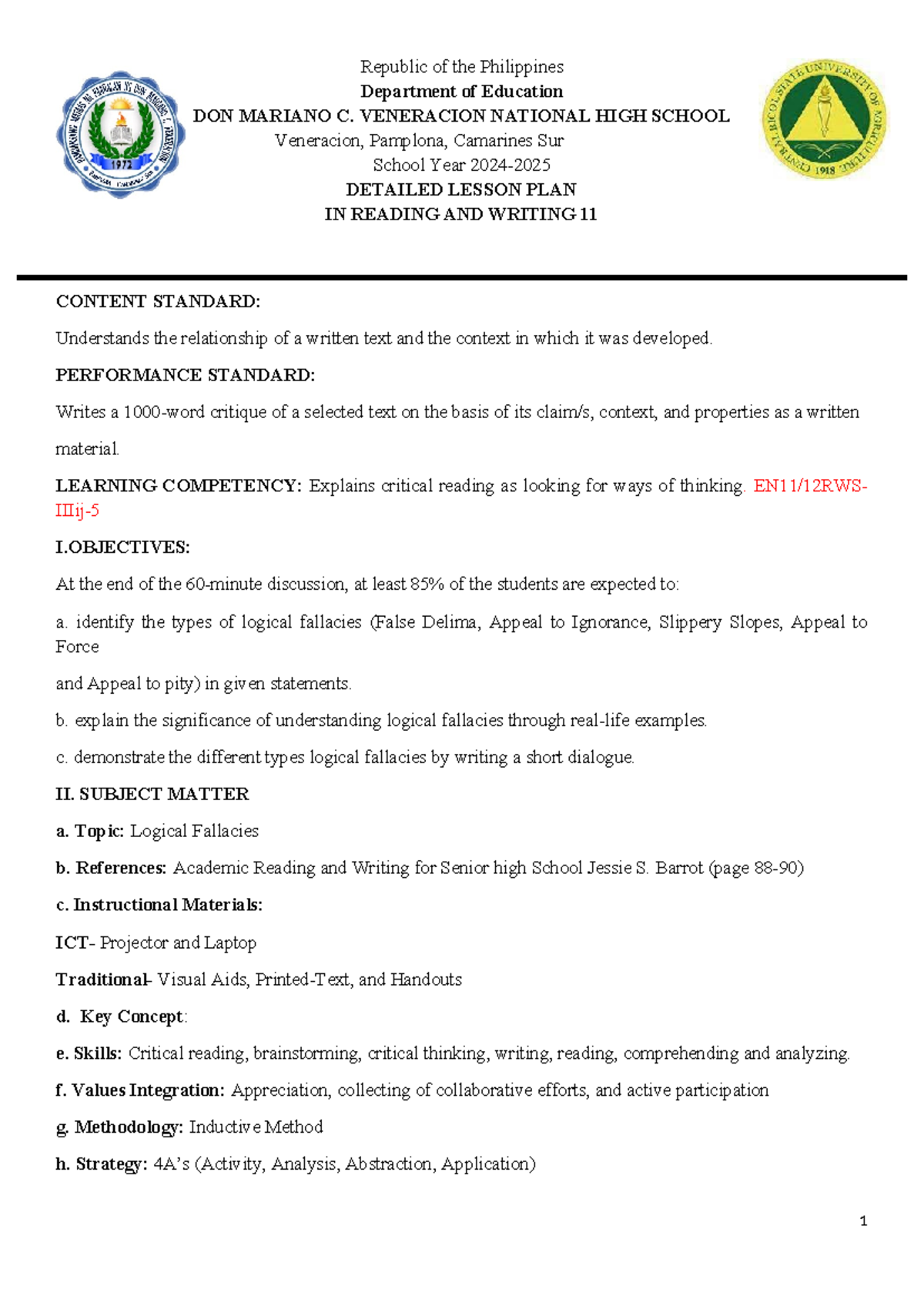 EN11/12RWS-IIIij Lesson Plan: Understanding Logical Fallacies - Studocu