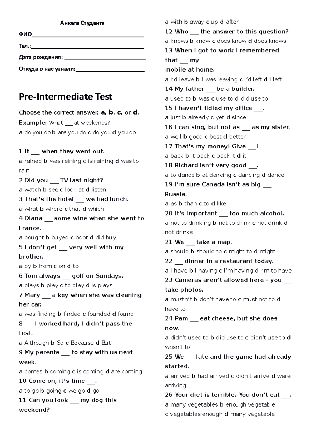 Pre-Intermediate Test 1: Student Questionnaire and Questions - Studocu