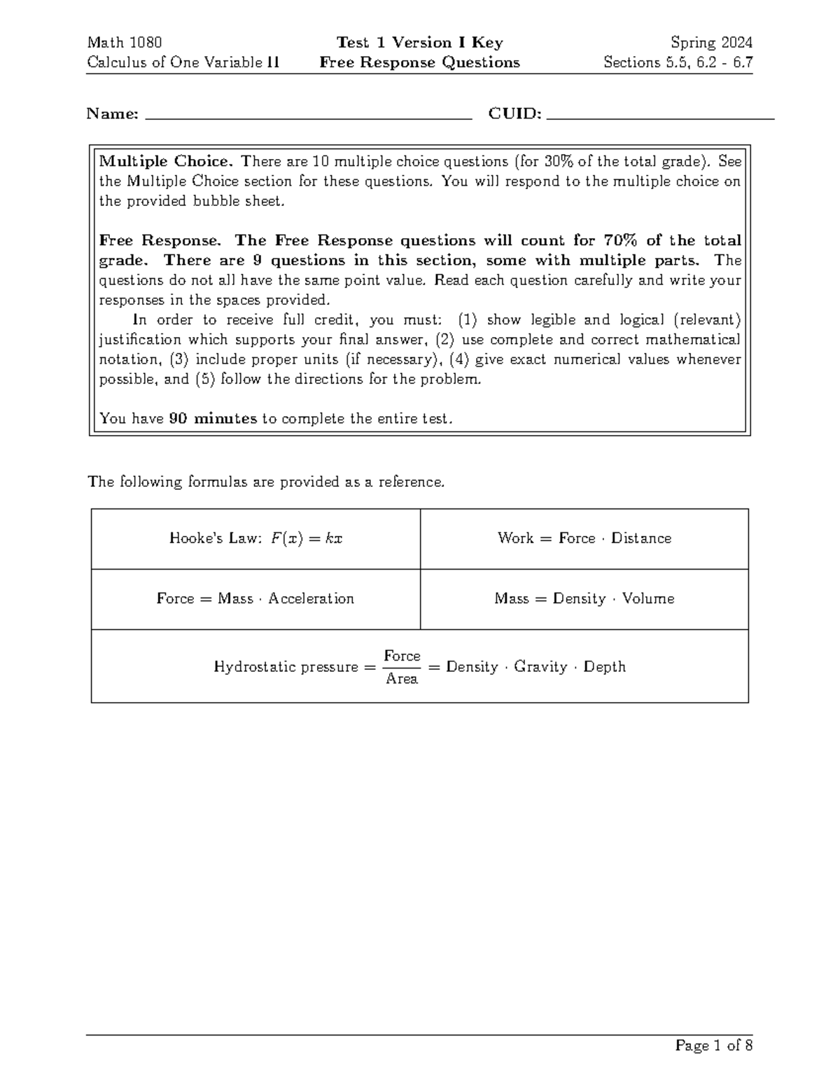 Math 1080 Calculus of One Variable II Test 1 Key - Spring 2024 - Studocu