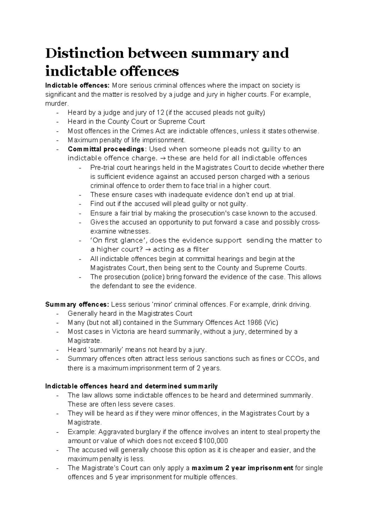 Legal Studies U3Ao S1: Distinction Between Summary and Indictable ...