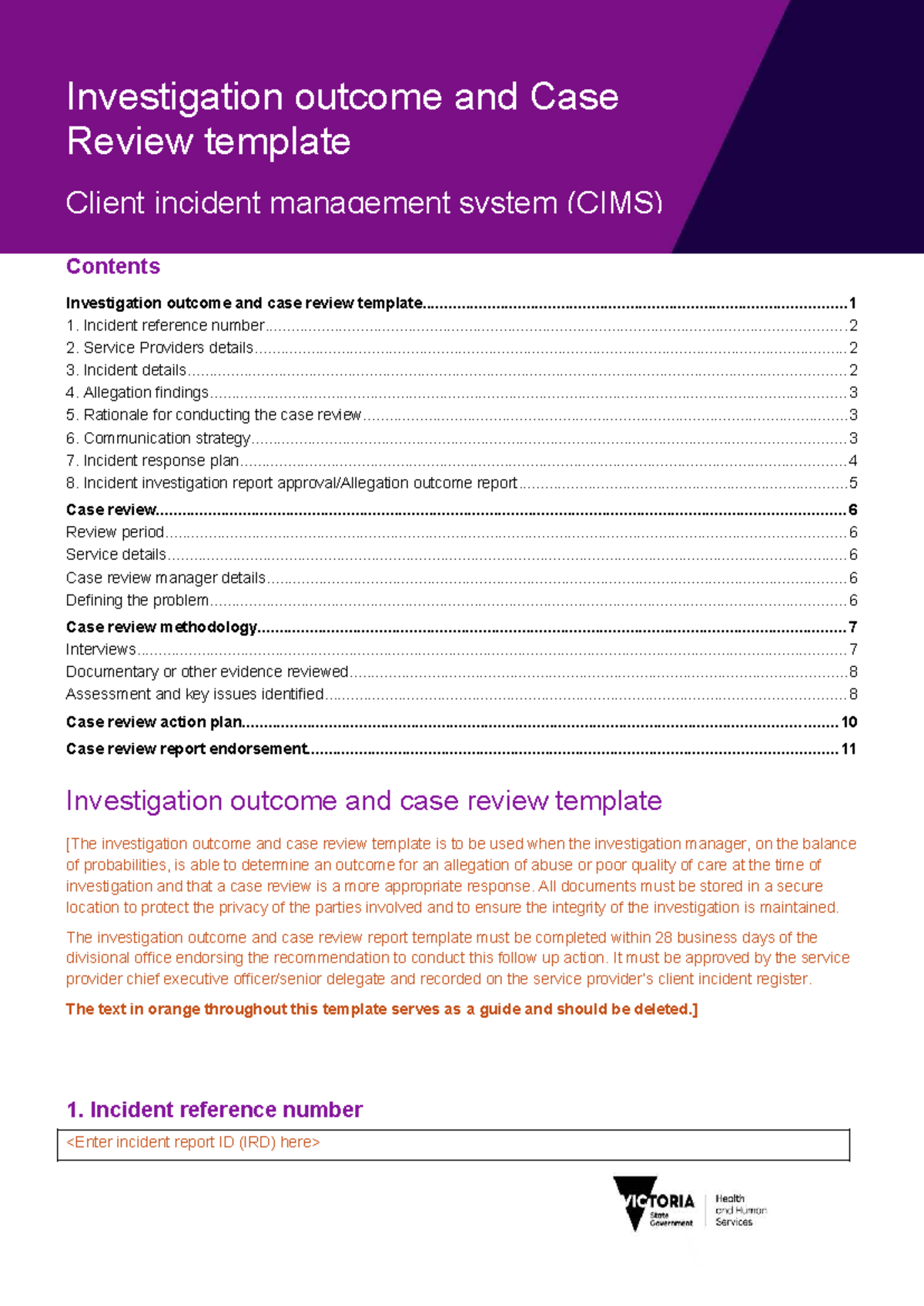 CIMS Investigation Outcome & Case Review Template Guide - Studocu