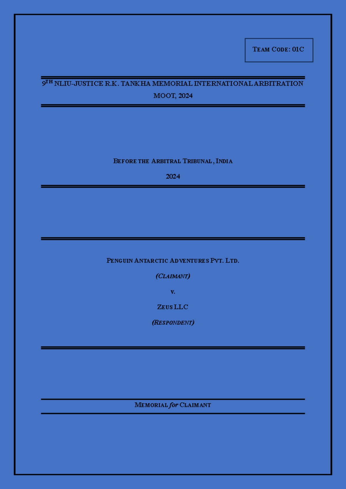Memorial for Claimant in 9th NLIU International Arbitration Moot, 2024 - Document Preview