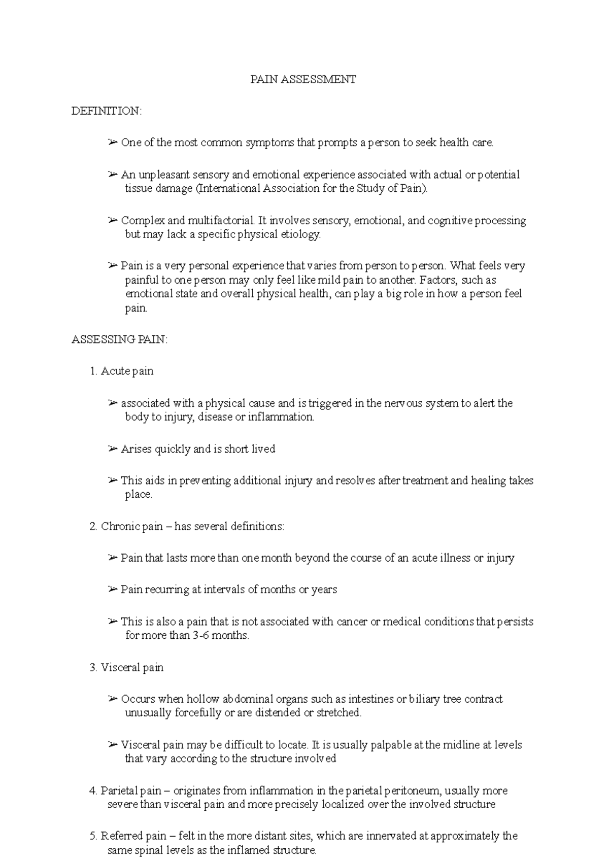 PAIN- Assessment: Understanding Types and Characteristics - Studocu
