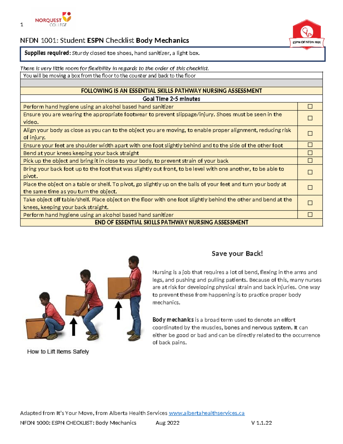 NFDN 1001 Body Mechanics Essential Skills Assessment Checklist - Studocu
