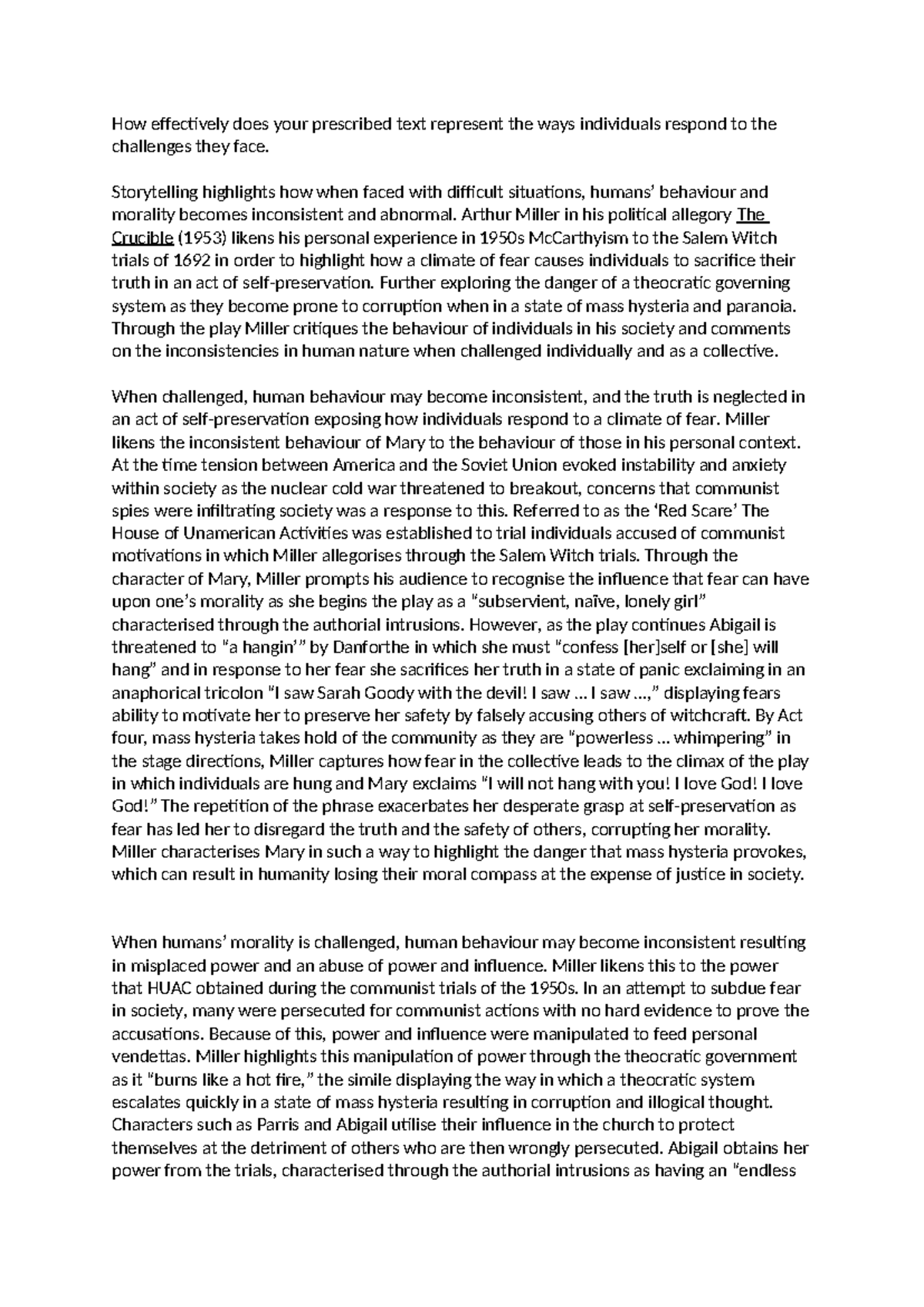 The Crucible (ENG101) Exemplar: The Impact of Fear on Morality - Studocu