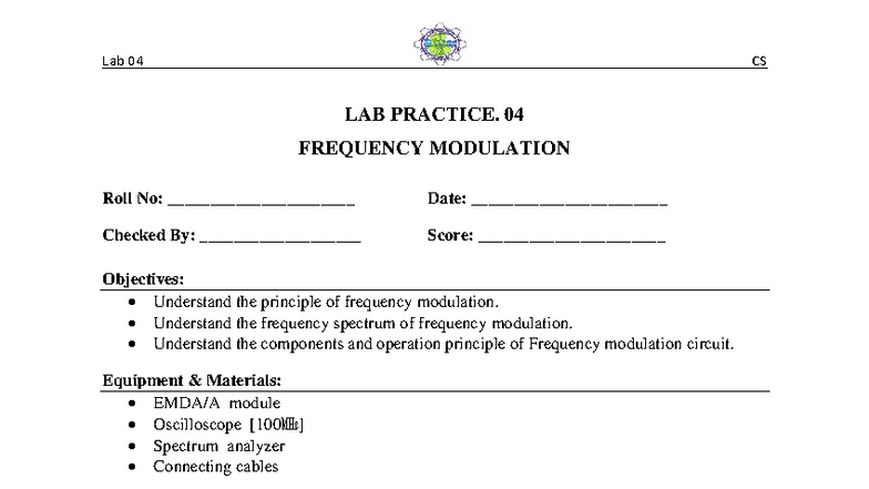 Lab 04: Frequency Modulation Practice - CS Lab Manual - Studocu