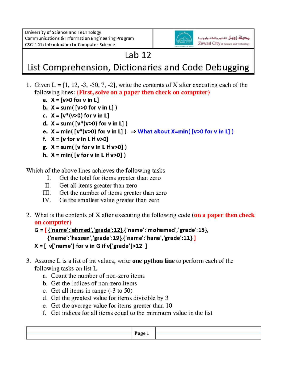 CSCI101 Lab11 List Comprehension, Dictionaries and Code Debugging ...
