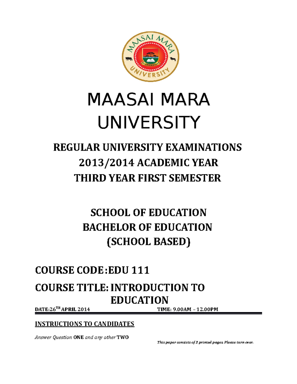 EDU 111 - Notes on EDUC 111 - MAASAI MARA UNIVERSITY REGULAR UNIVERSITY ...