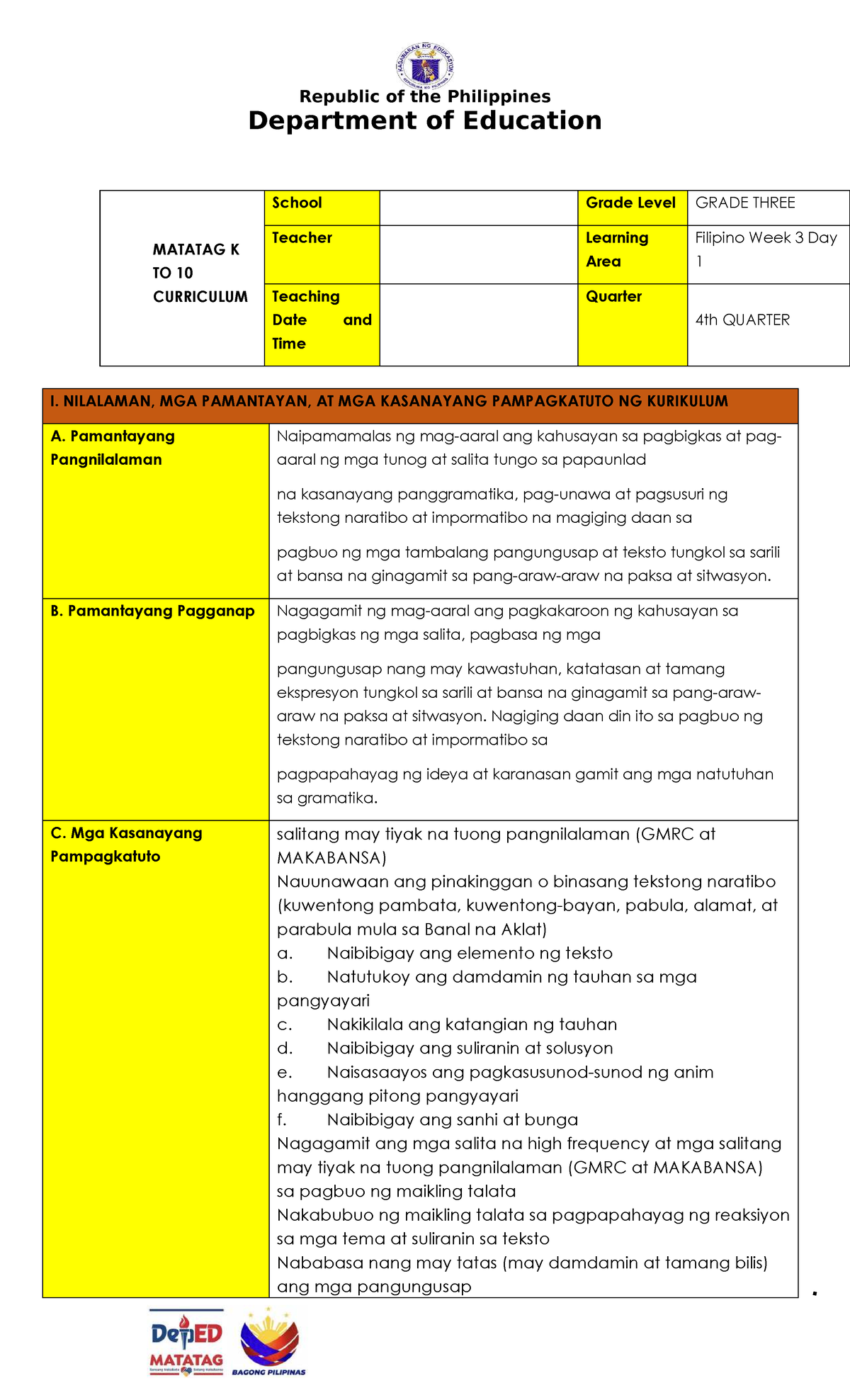 Lesson Plan for Grade 3 Filipino (MATATAG K) - 4th Quarter - Studocu