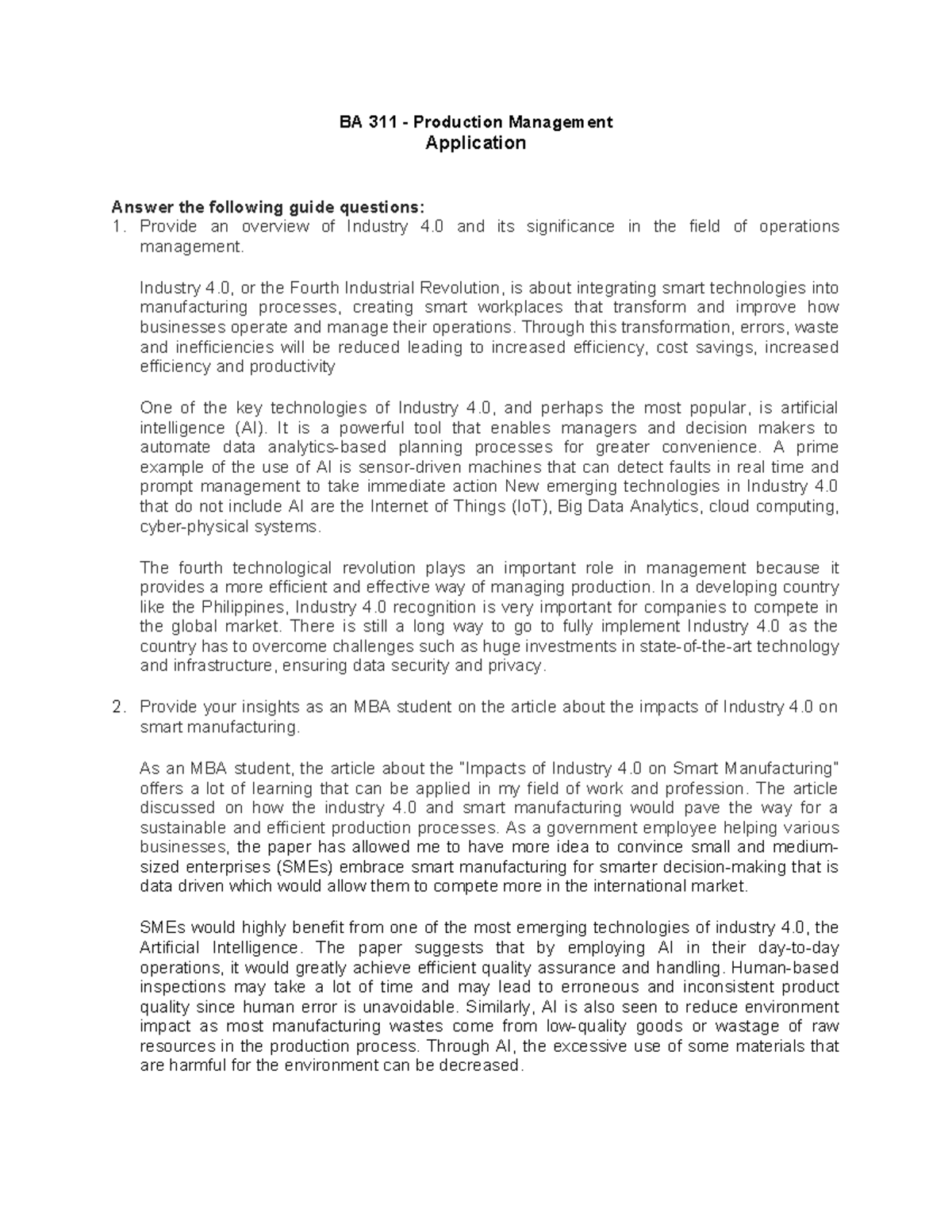 Application of Industry 4 - BA 311 - Production Management Application ...