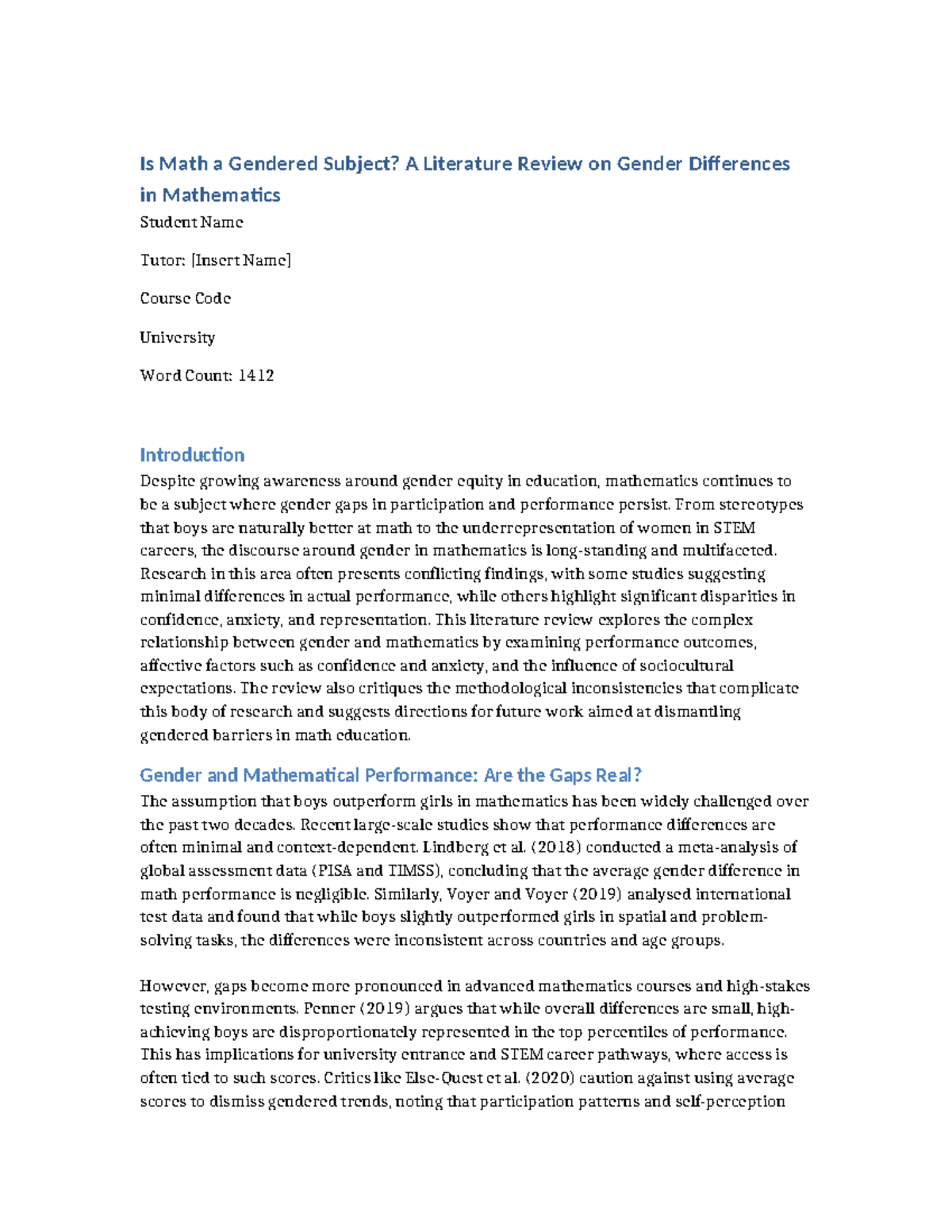 Gender Differences in Mathematics: A Literature Review (Course Code ...