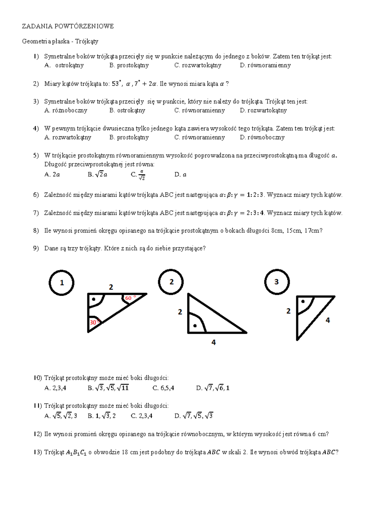 Powtórzeniowe Zadania z Geometrii - Trójkąty (KL.Geometria) - Studocu